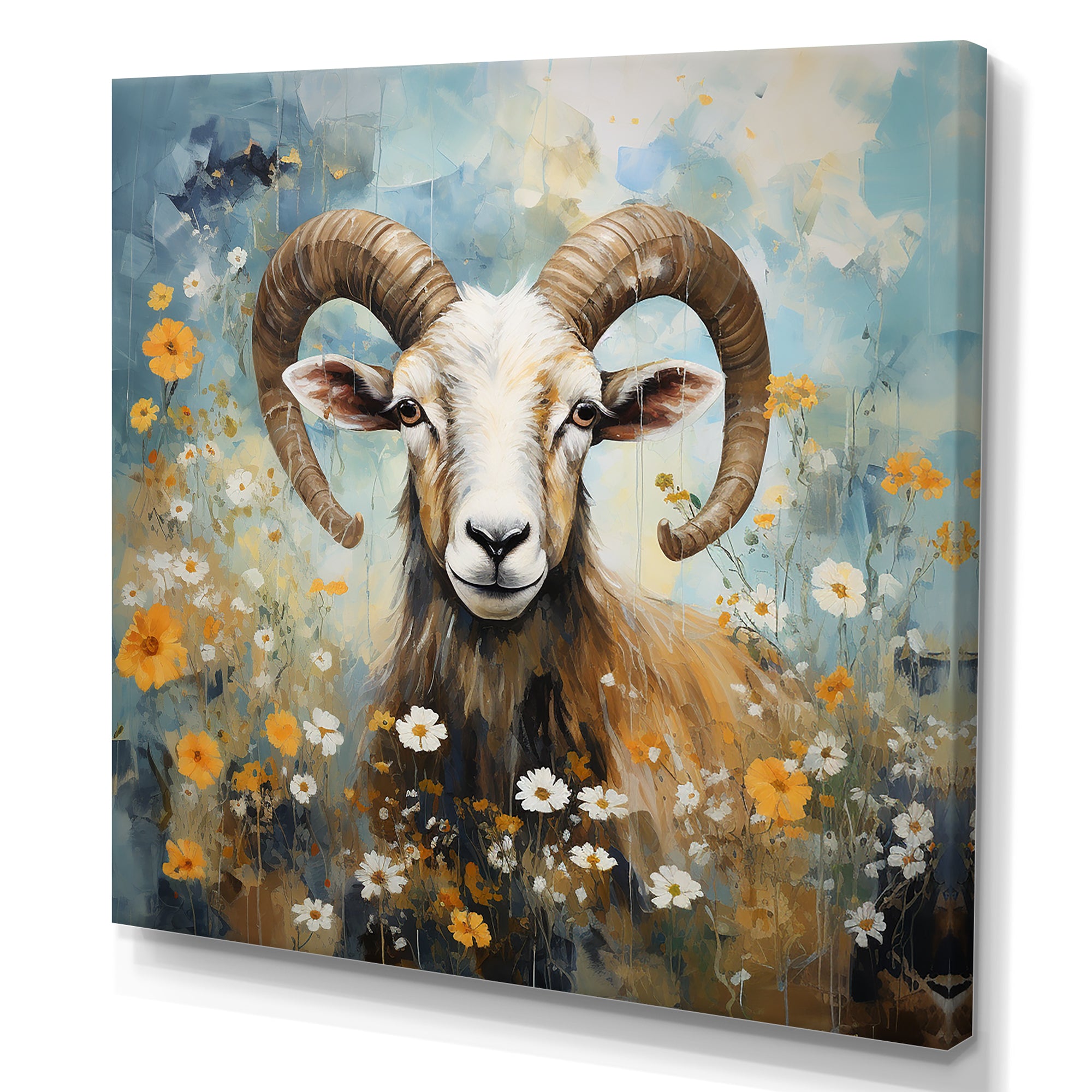 Yellow goat blooms in meadow flowers - Goat Canvas Wall Art