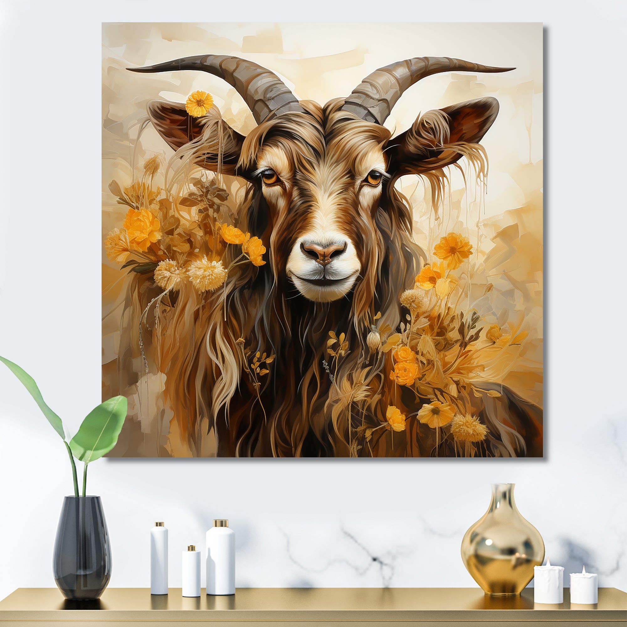 Yellow and brown Goat floral meadow - Goat Living Room Wall Art