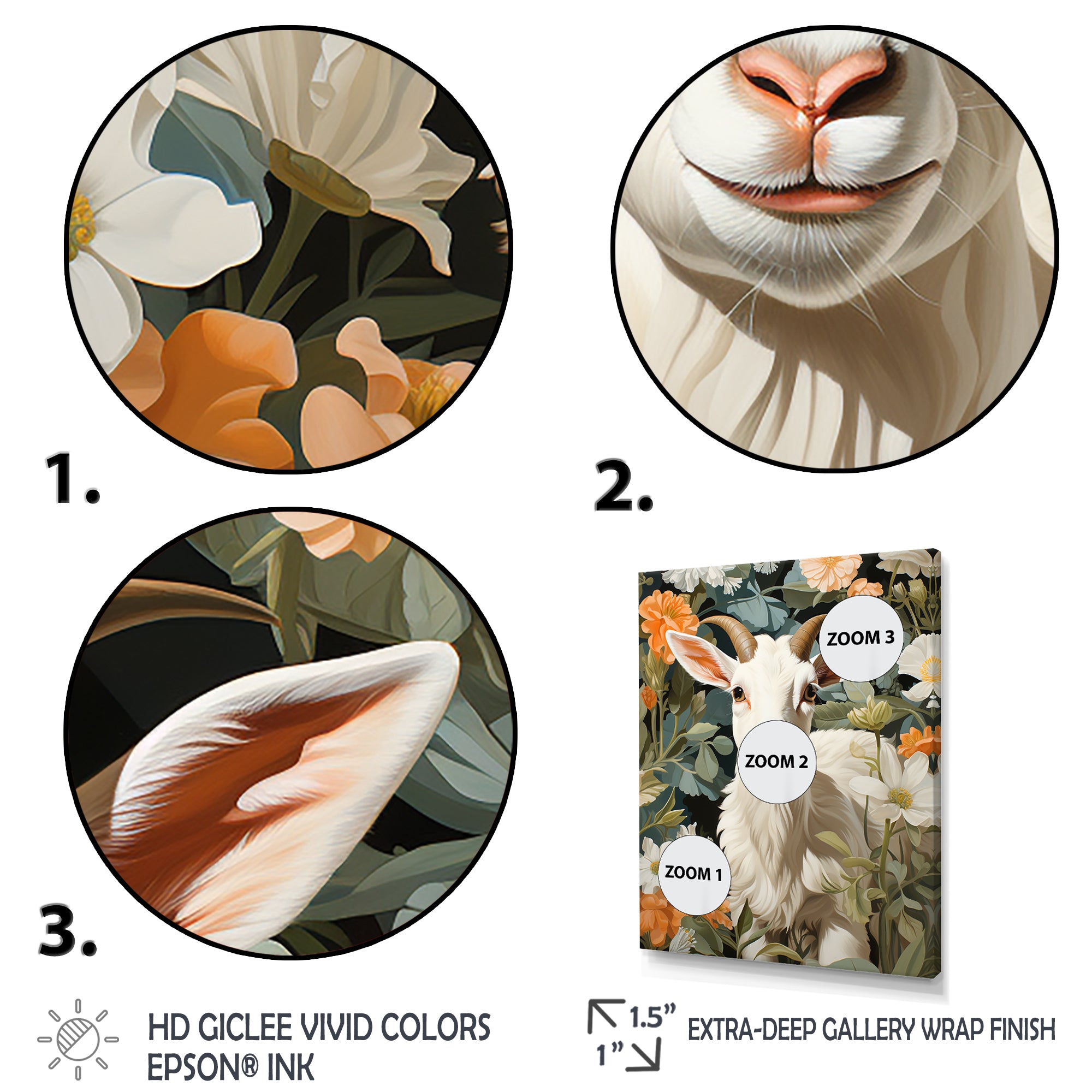 White goat portrait with summer flower - Goat Canvas Wall Art