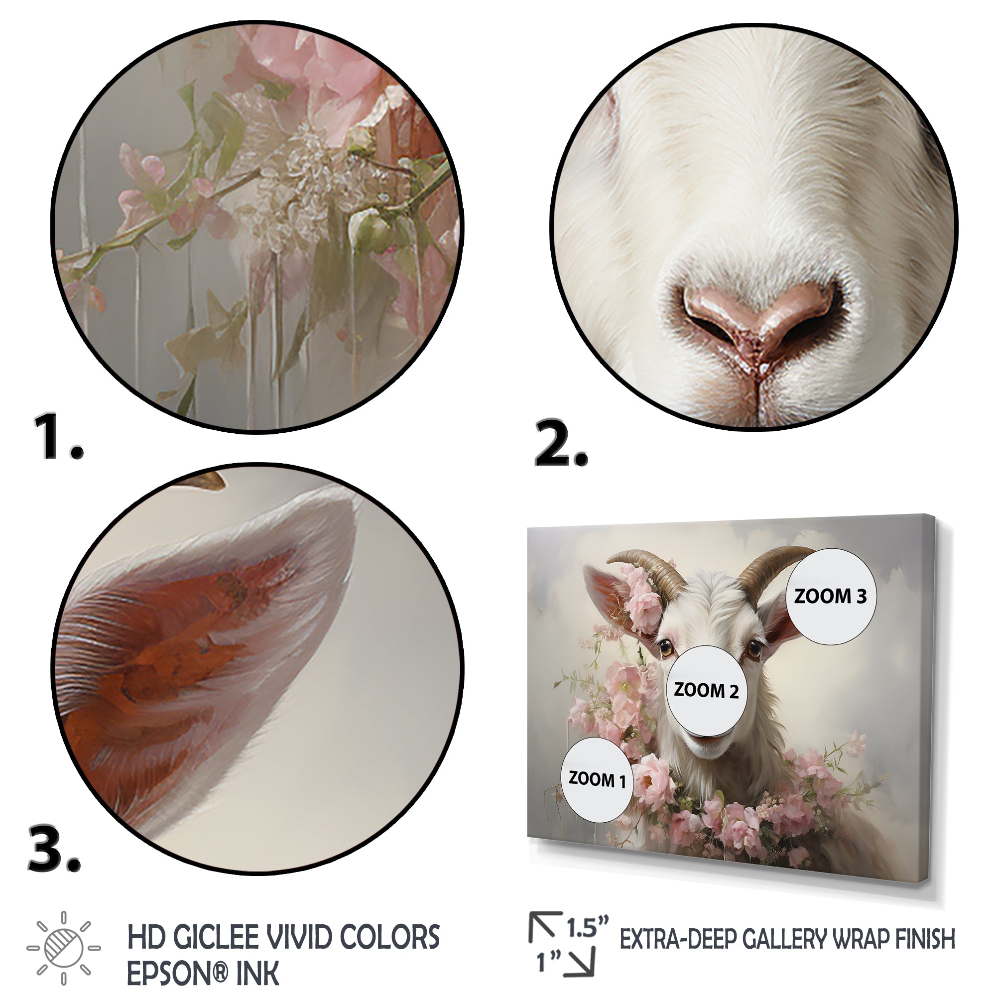White Billy goat in pink floral Coller - Goat Canvas Wall Art