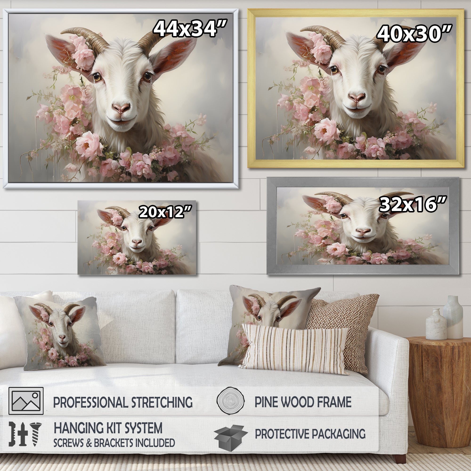 White Billy goat in pink floral Coller - Goat Canvas Wall Art