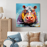 Blue Colorful Hippo harmony - Hippopotamus Framed Canvas Art