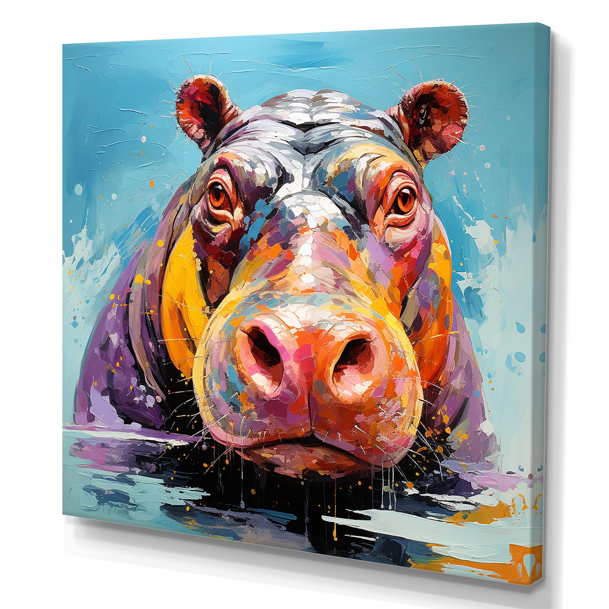 Blue Colorful Hippo harmony - Hippopotamus Framed Canvas Art