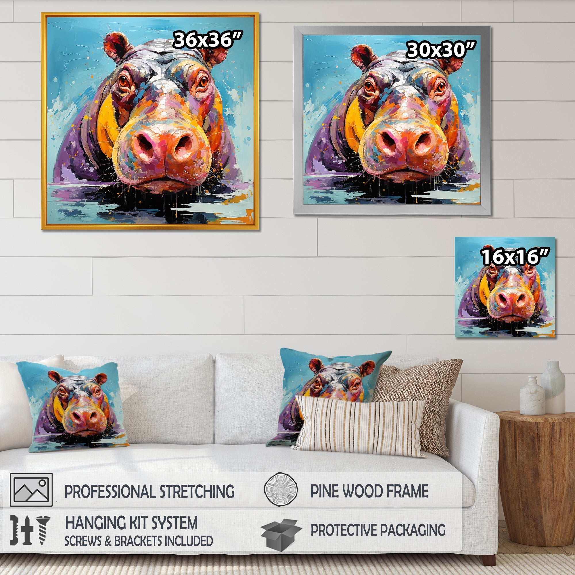 Blue Colorful Hippo harmony - Hippopotamus Framed Canvas Art
