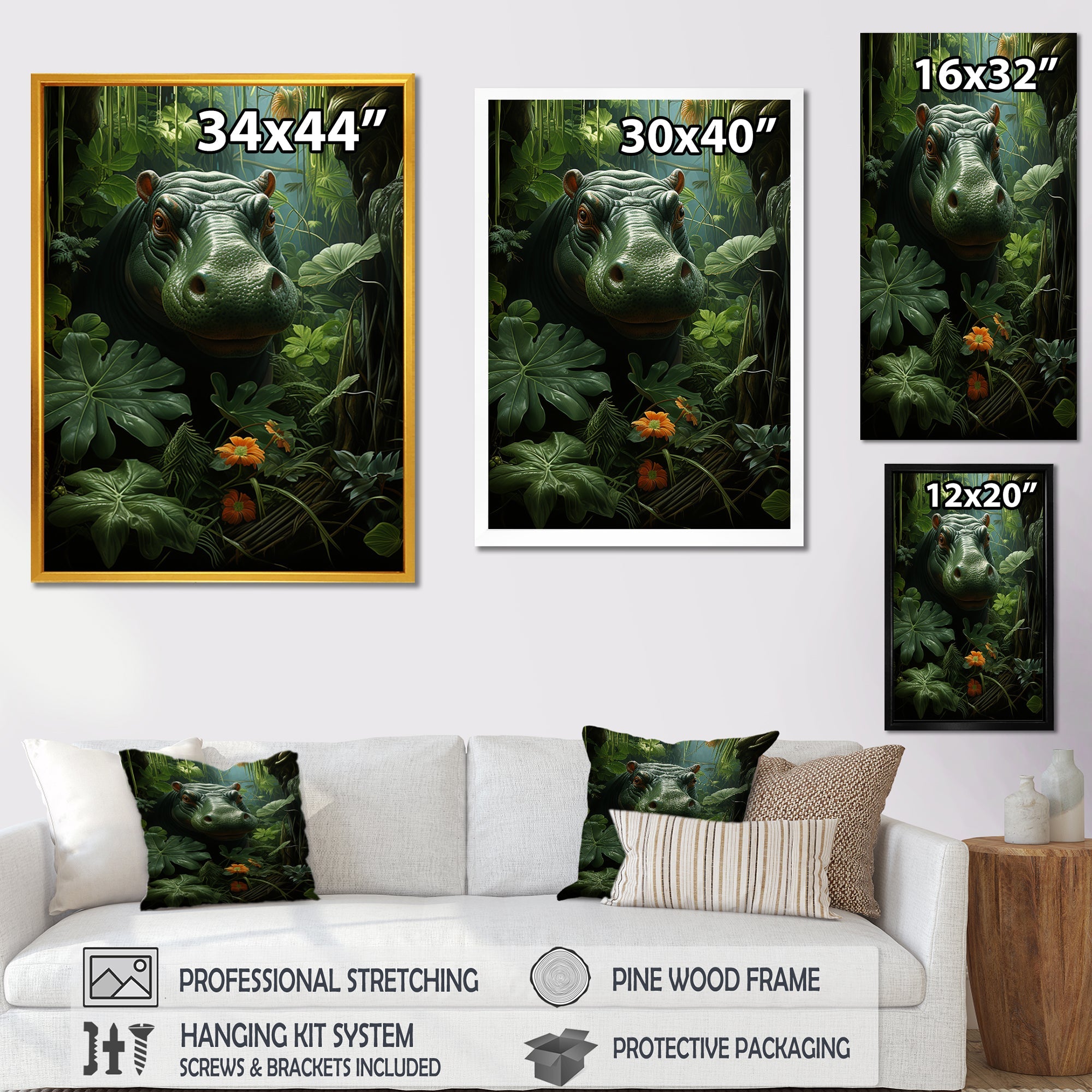 Green Vibrant Hippo Portrait - Hippopotamus Wall Art Prints