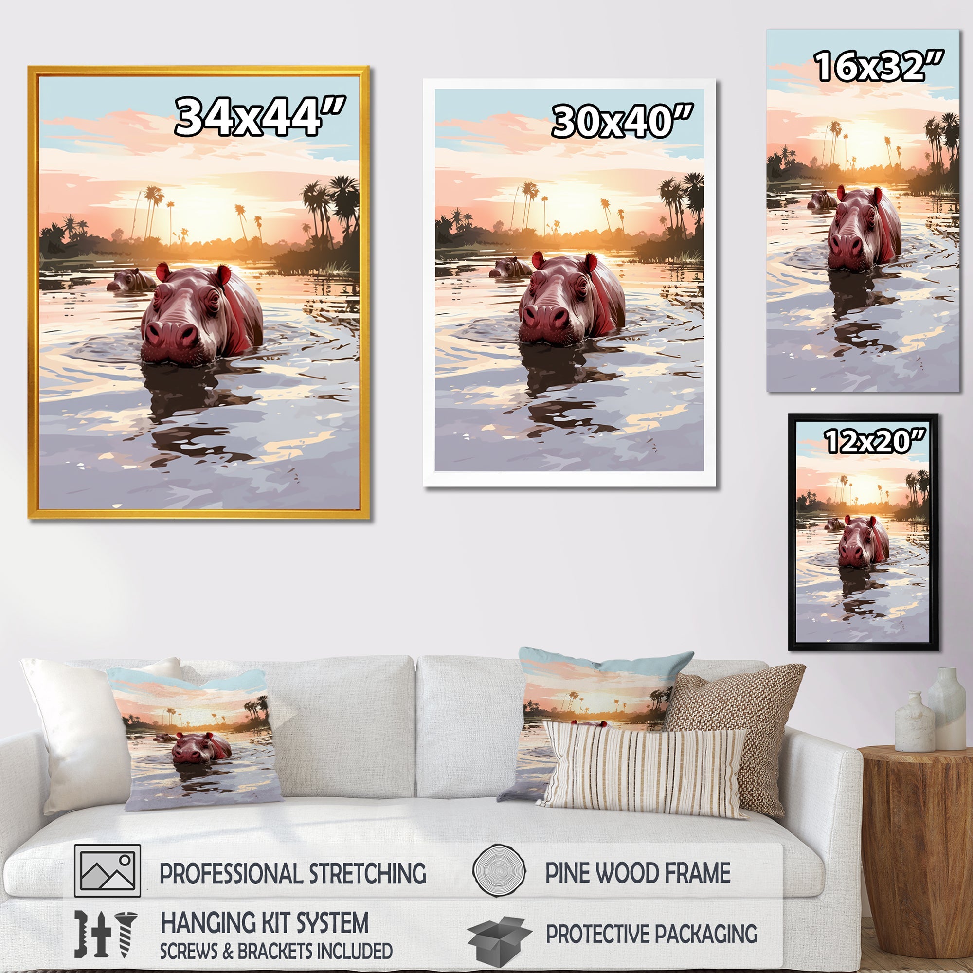 Grey Silhouetted Safari Hippo - Hippopotamus Home Decor Art