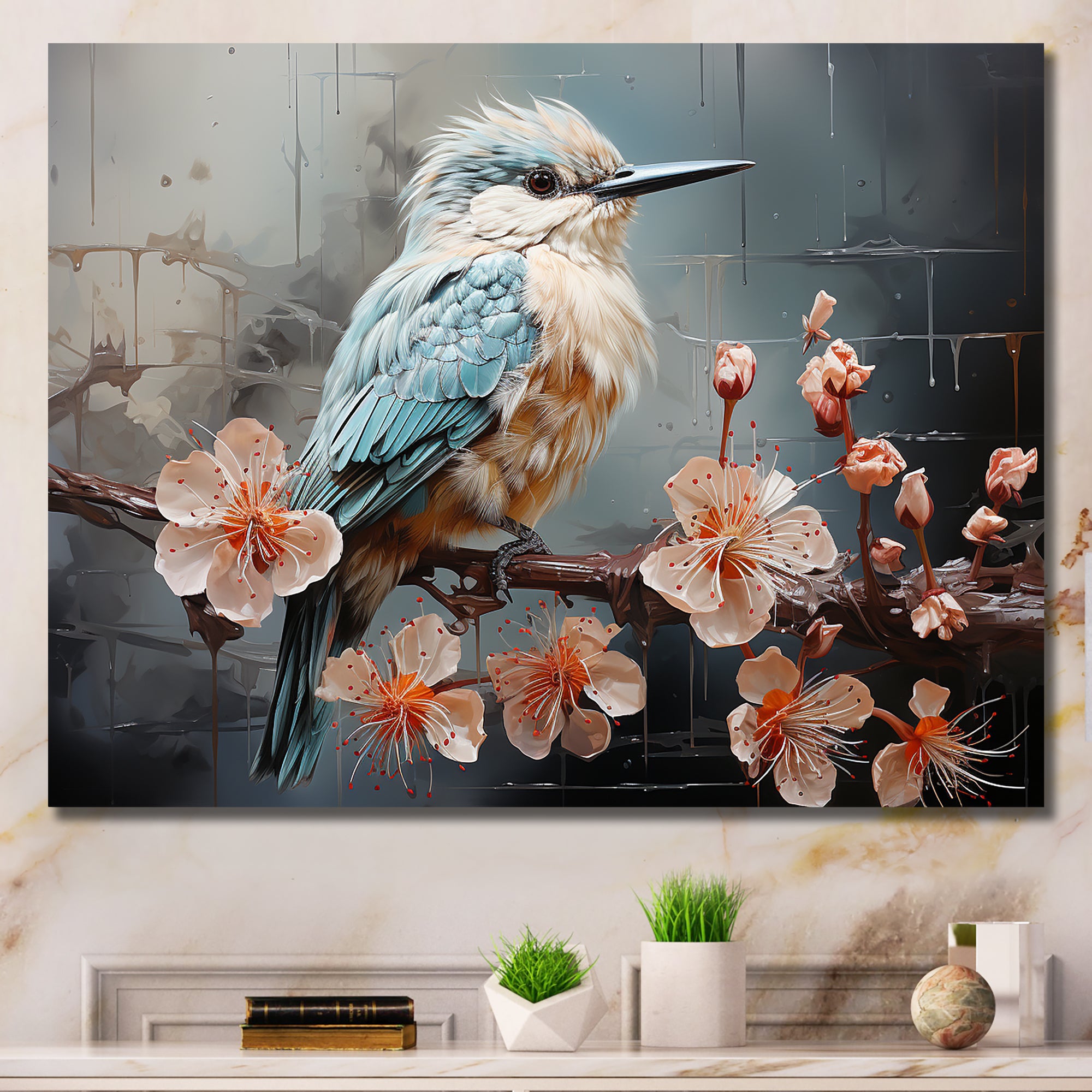 Blue floral dancing Hummingbird - Hummingbird Wall Art Prints