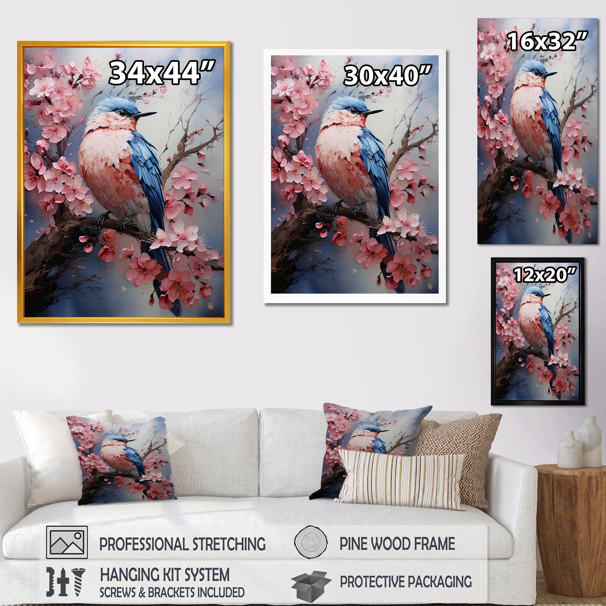 Blue bird among florals - Bird Home Decor Art