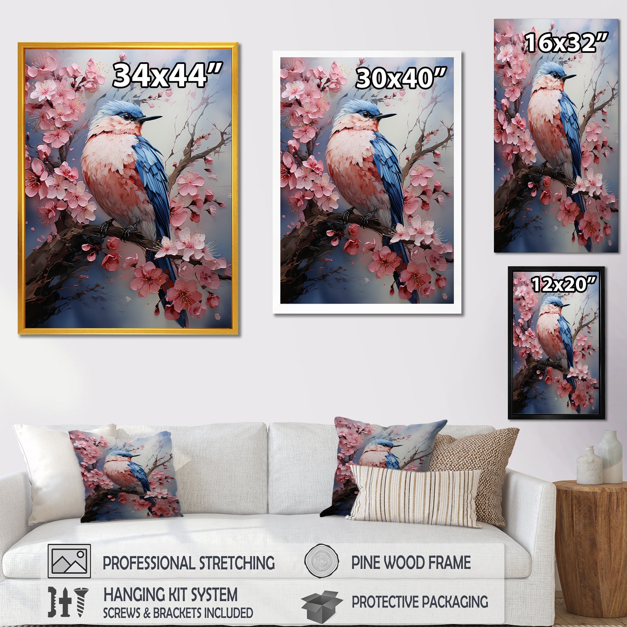 Blue bird among florals - Bird Home Decor Art