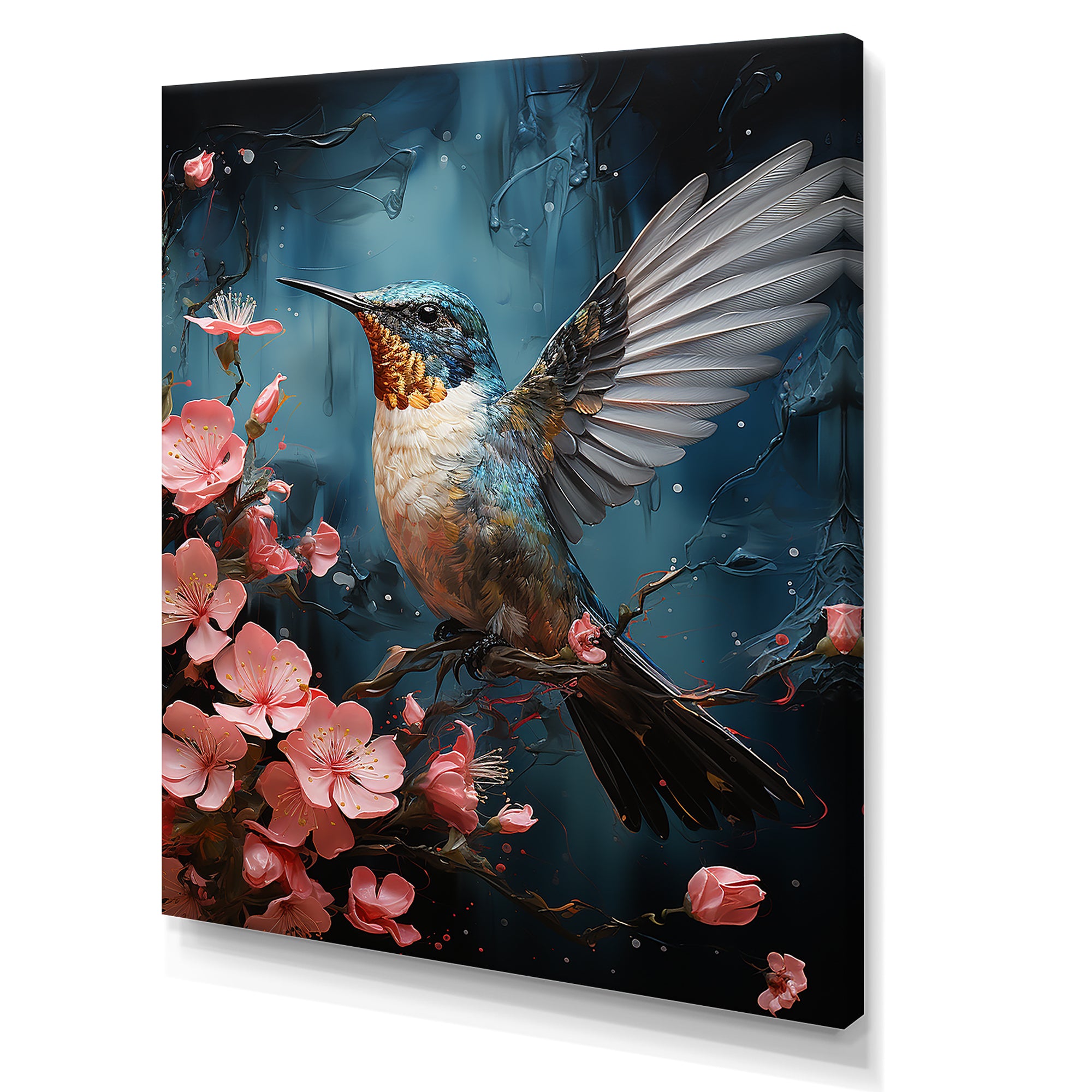 Blue Floral Flight hummingbird - Hummingbird Bedroom Wall Art