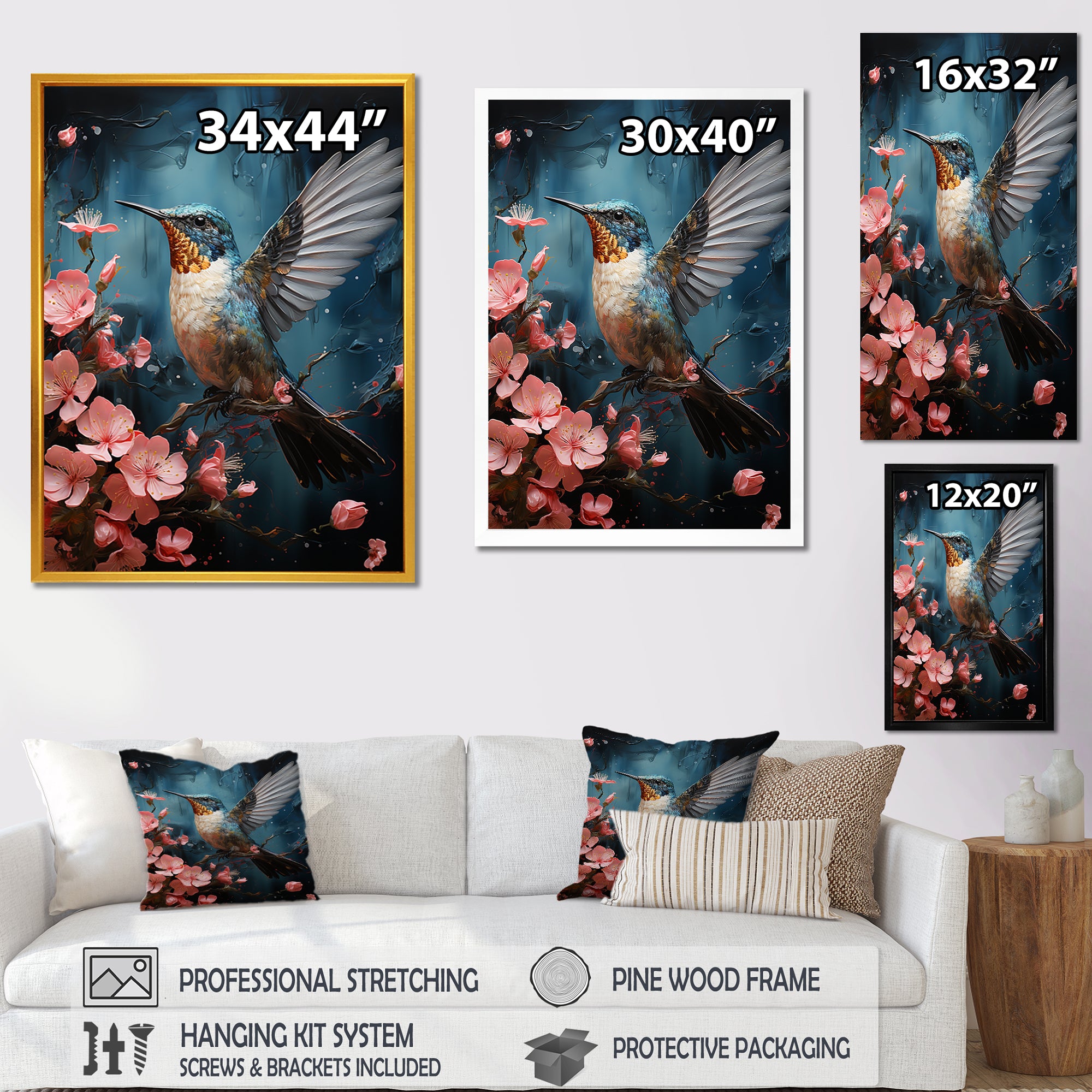 Blue Floral Flight hummingbird - Hummingbird Bedroom Wall Art