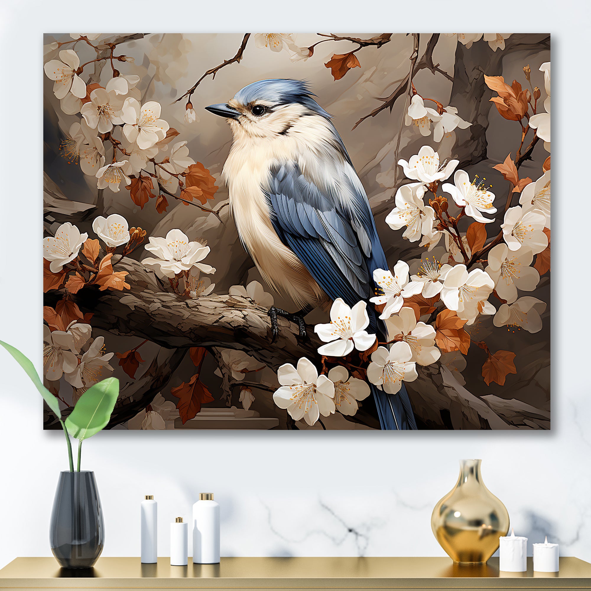 Blue floral Ethereal bird - Bird Canvas Wall Art