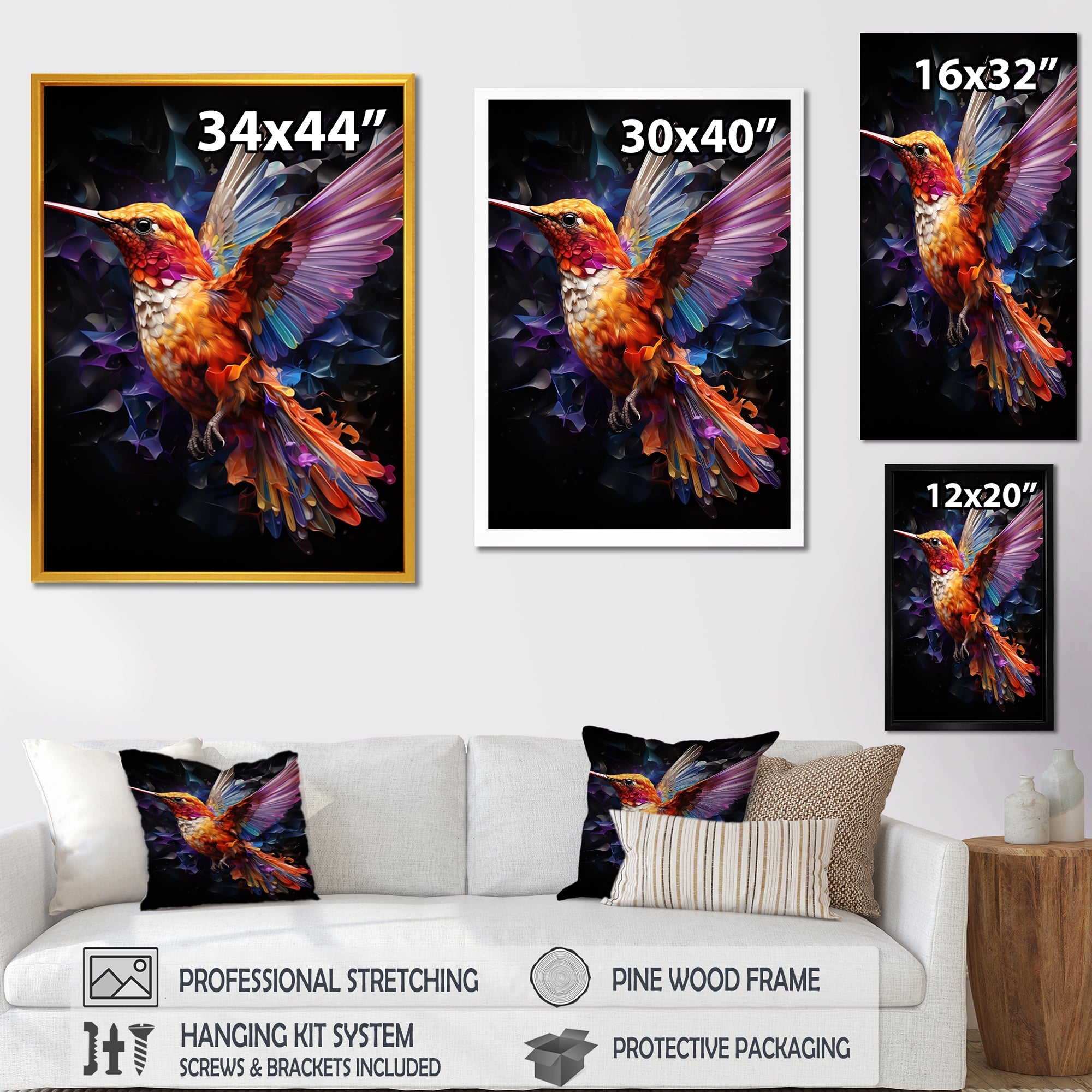 Orange and pink Radiant hummingbird Beauty - Hummingbird Bedroom Wall Art