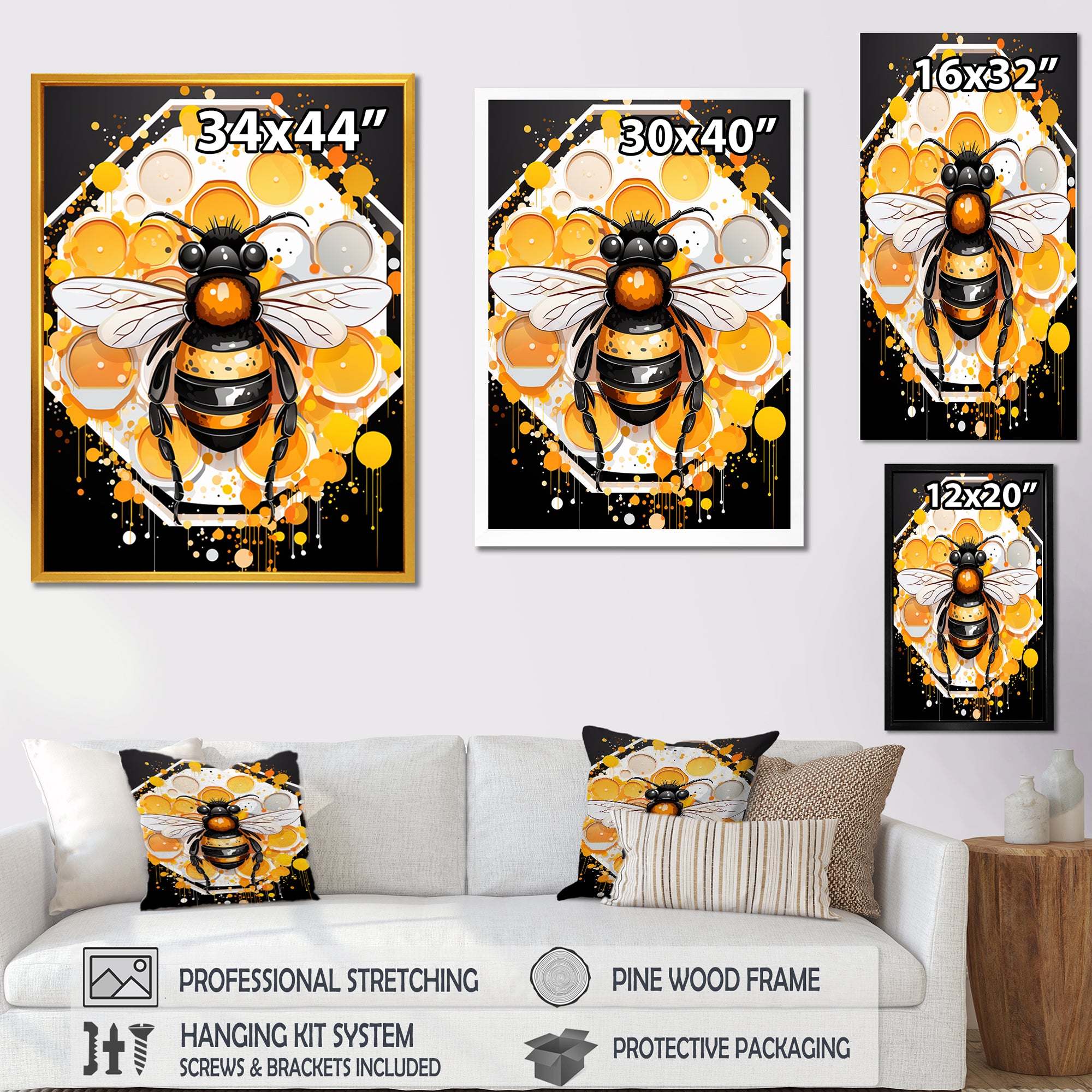 Yellow and black Honey bee - Insects & Bugs Canvas Wall Art