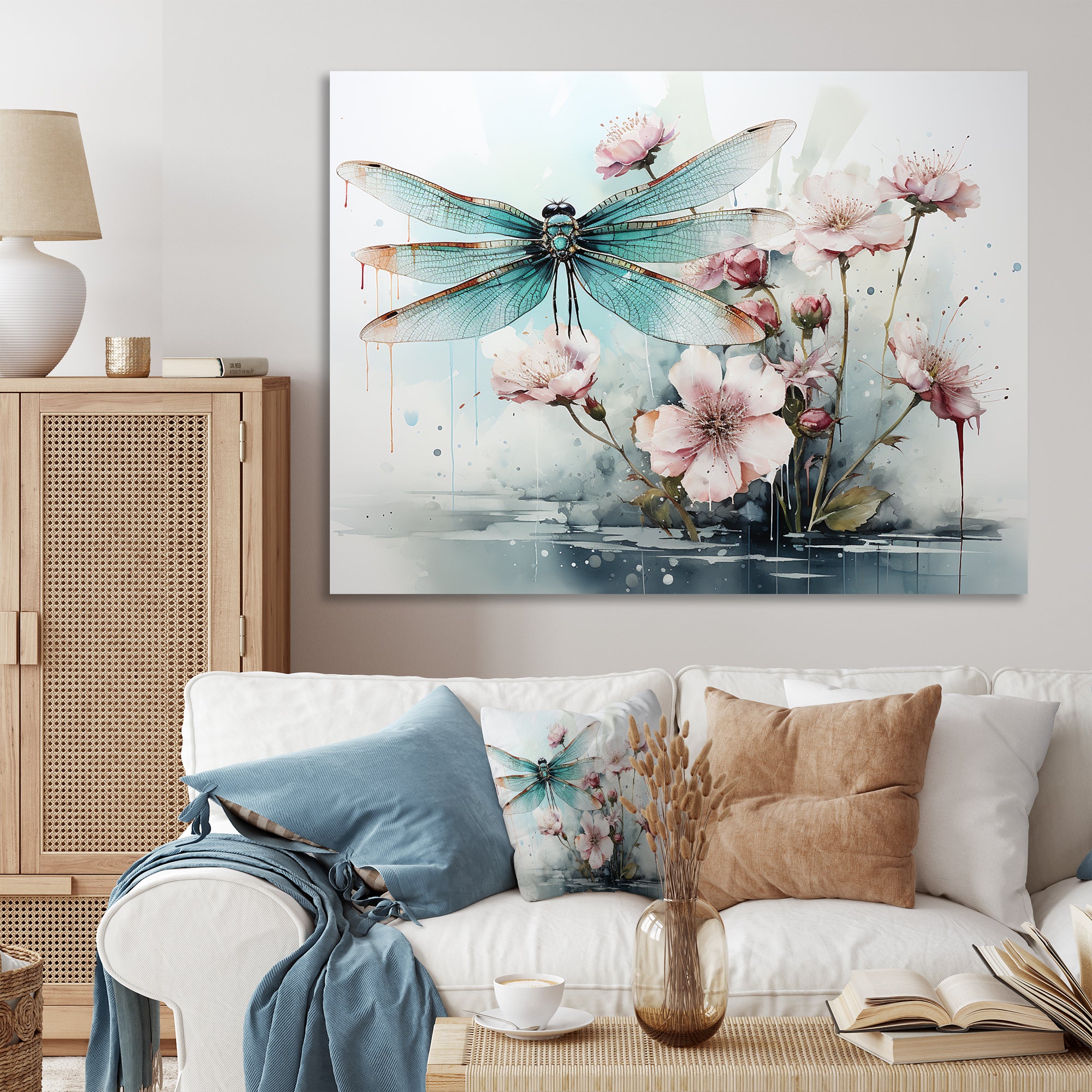 Green and pink flower flying dragonfly by the pond - Insects & Bugs Canvas Wall Art