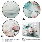 Green and pink flower flying dragonfly by the pond - Insects & Bugs Canvas Wall Art