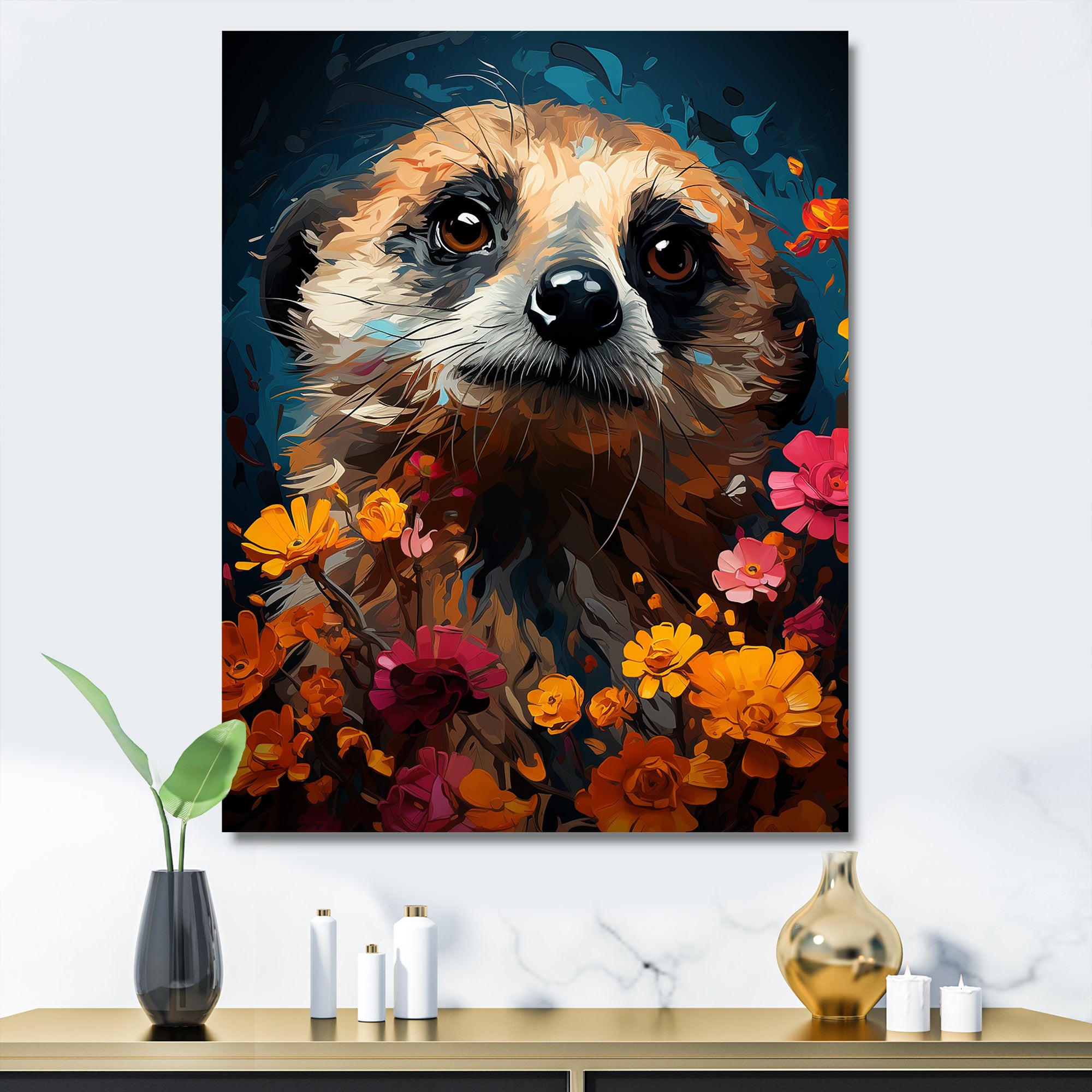 Blue Meerkat floral meadows - Meercat Large Canvas Wall Art