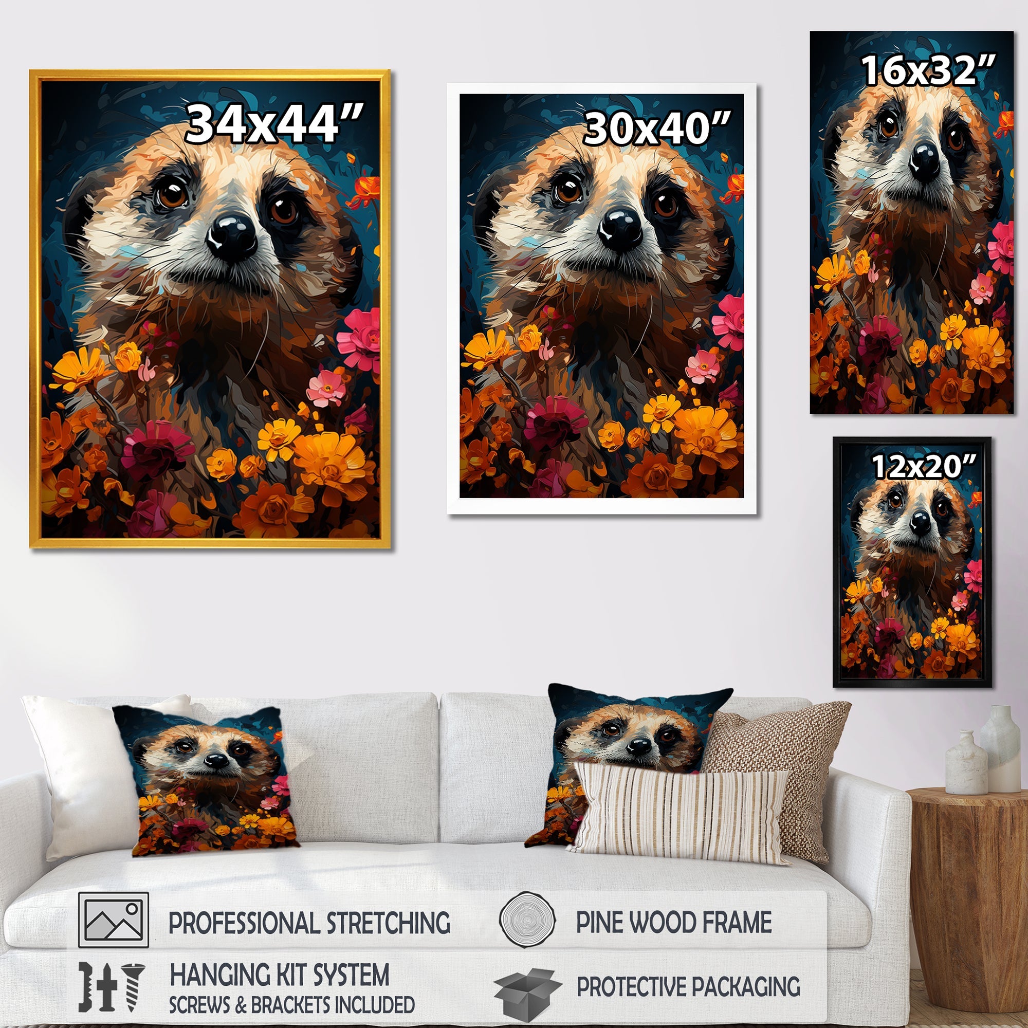Blue Meerkat floral meadows - Meercat Large Canvas Wall Art