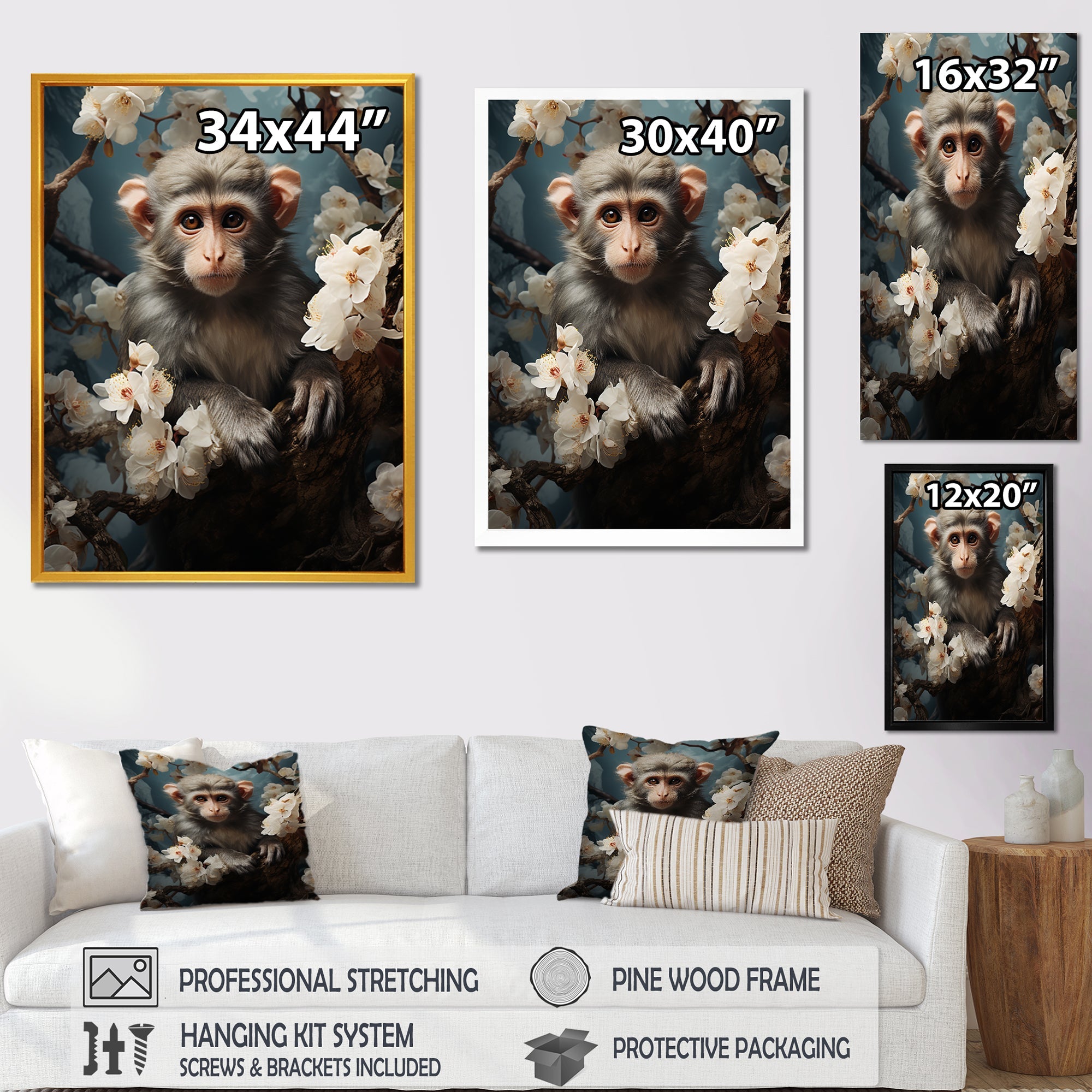 Grey Springtime floral Monkey Palette - Monkey Wall Decor