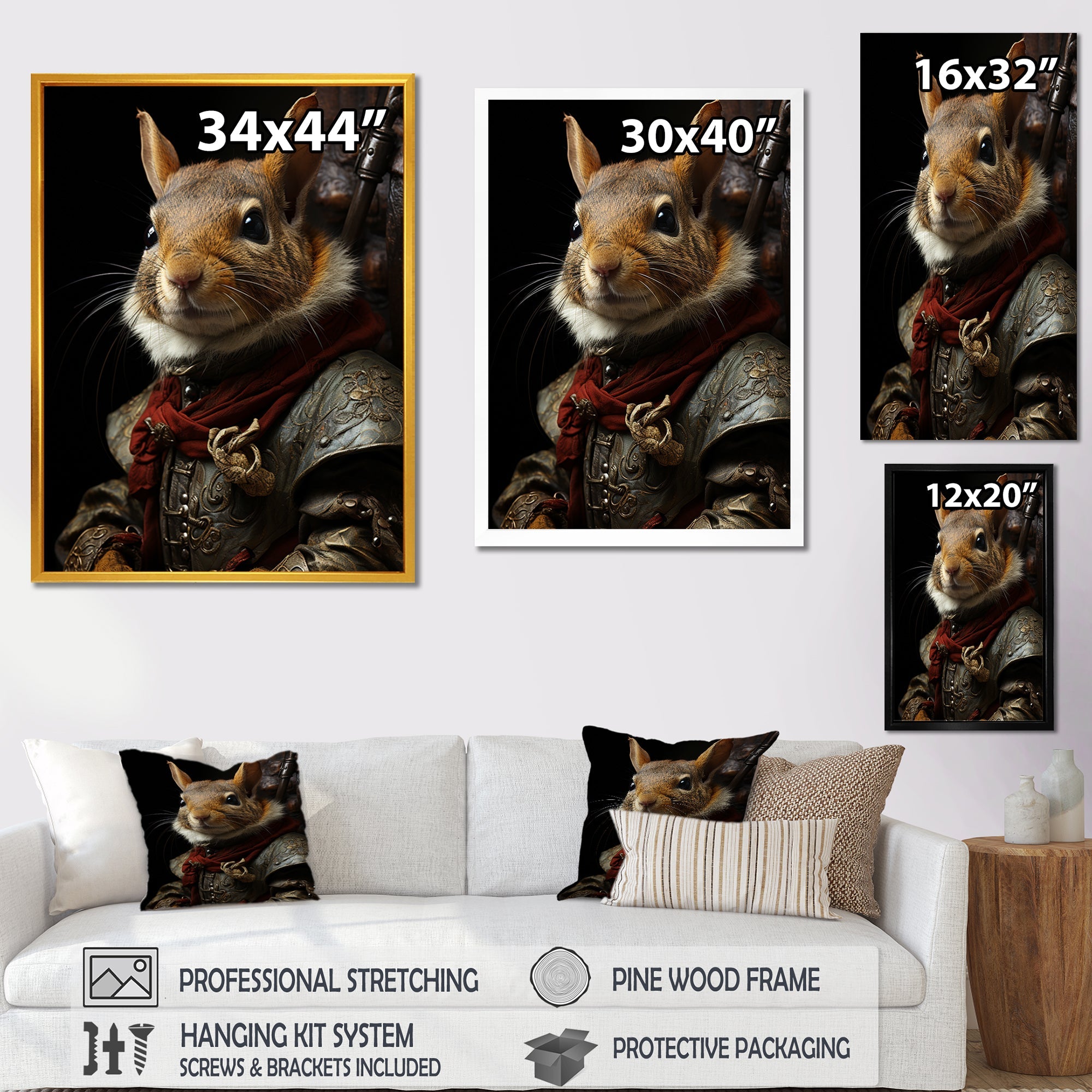 Medieval Squirrel Portrait in Armor - Rodent Framed Canvas Art