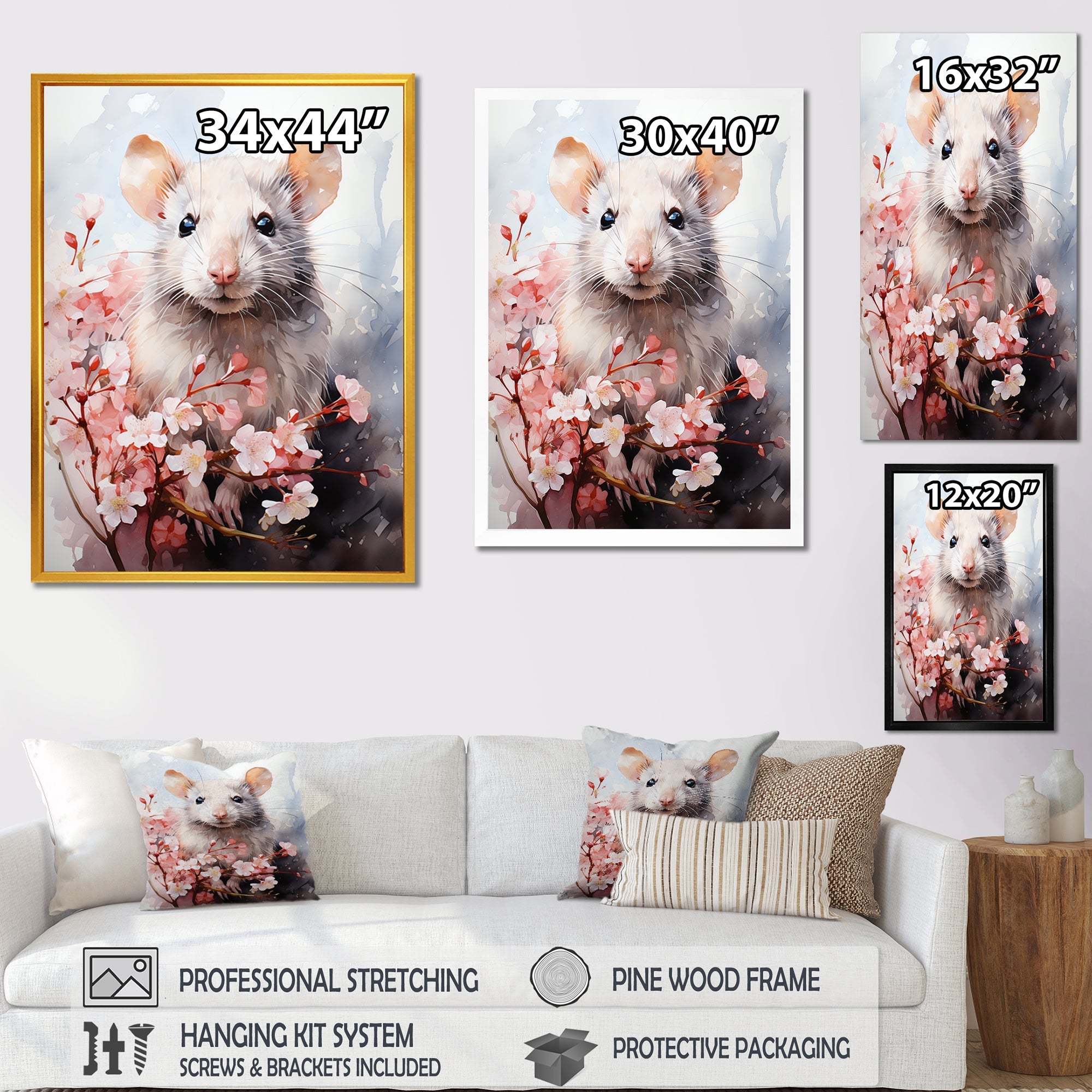 Rats floral Portrait blooms - Rodent Bedroom Wall Art