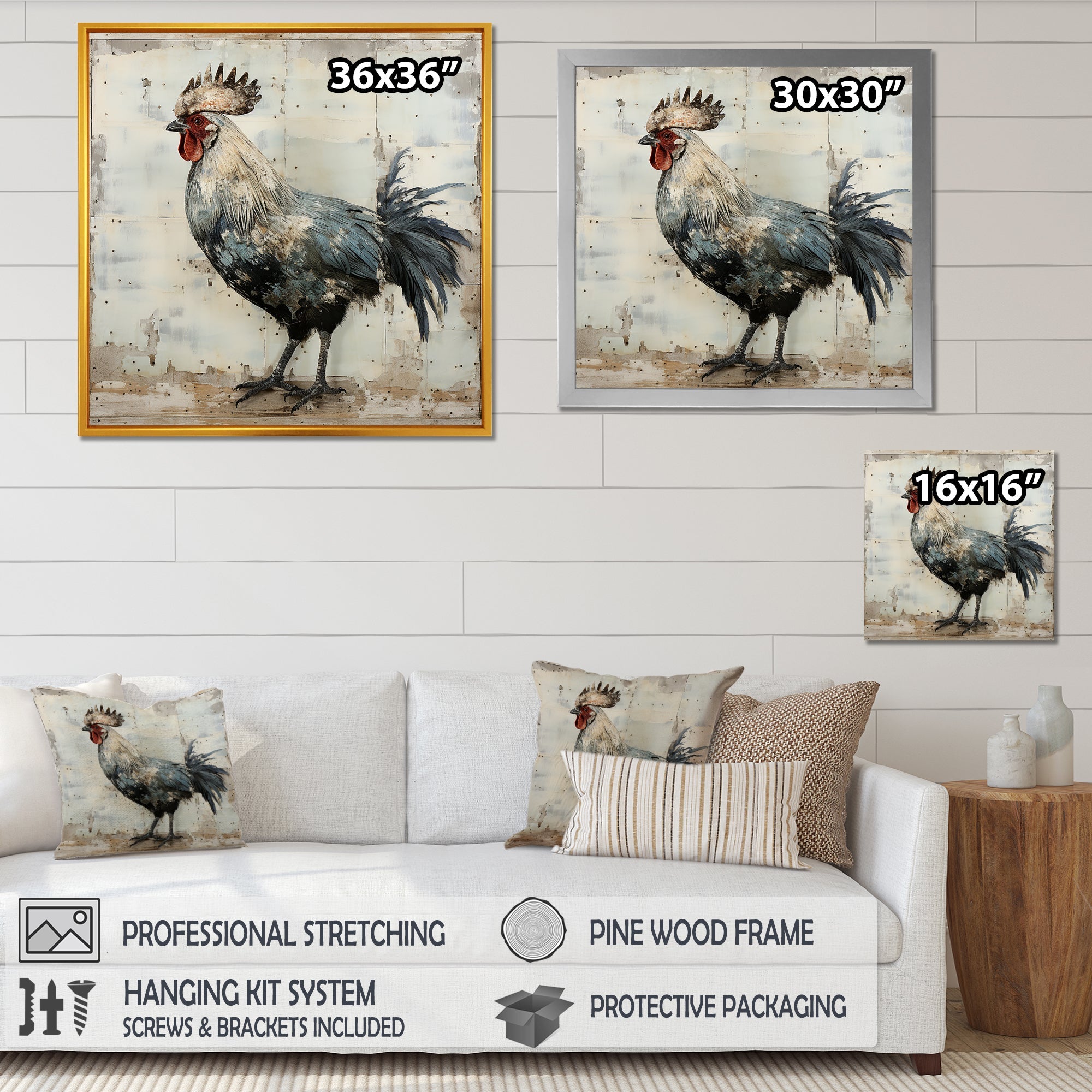 Grey Roosters Farm yard freedom - Rooster Canvas Wall Art