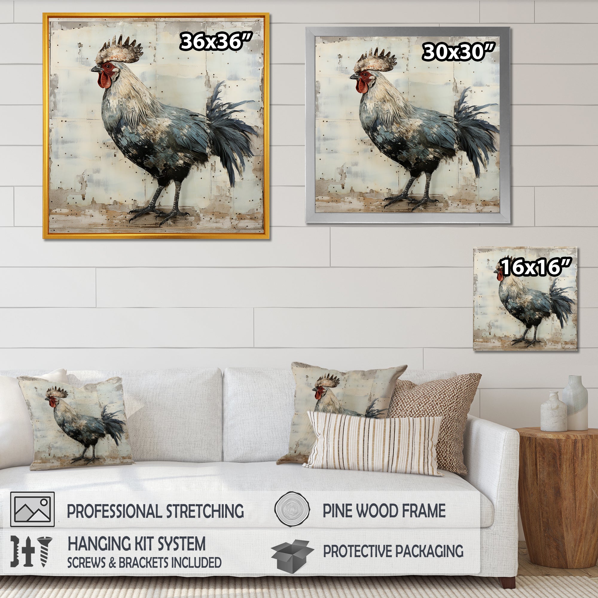 Grey Roosters Farm yard freedom - Rooster Canvas Wall Art