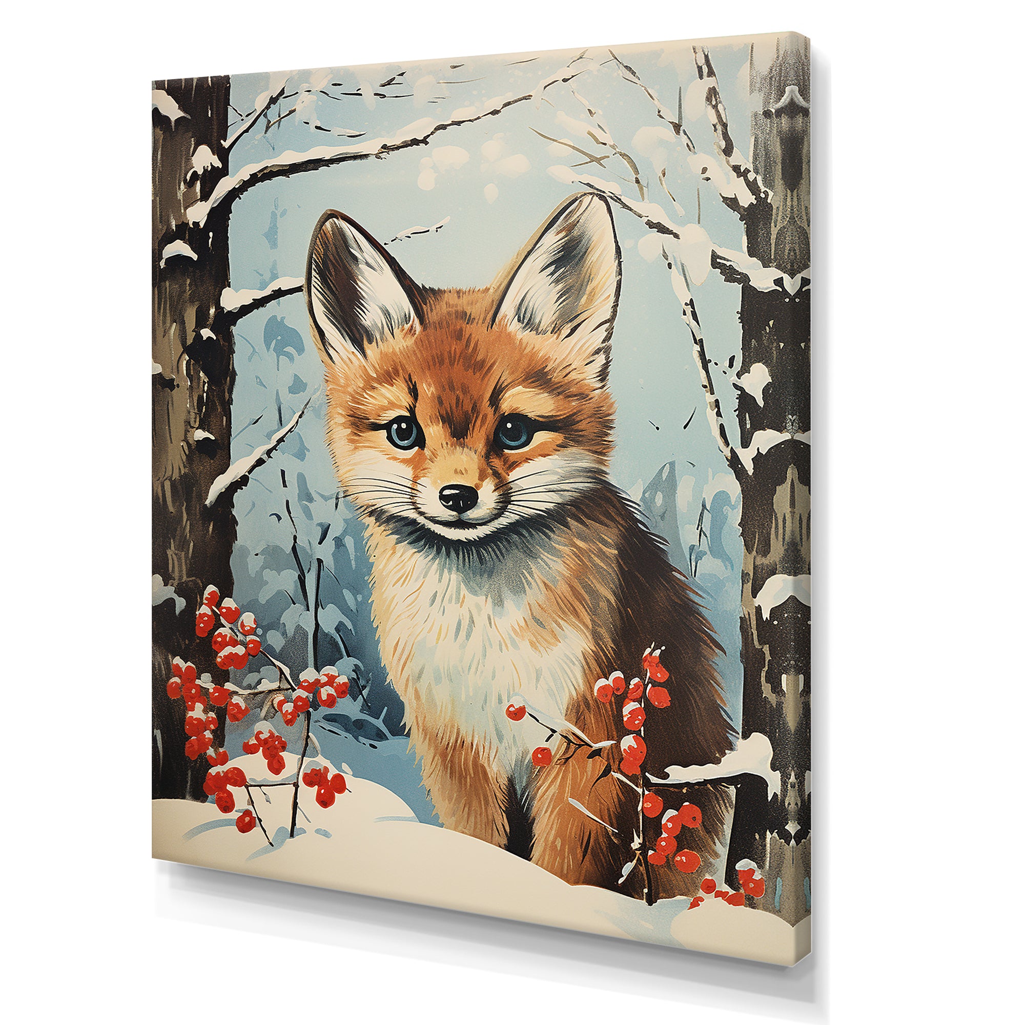 Winter scene cute fox in forest - Fox Framed Canvas Art