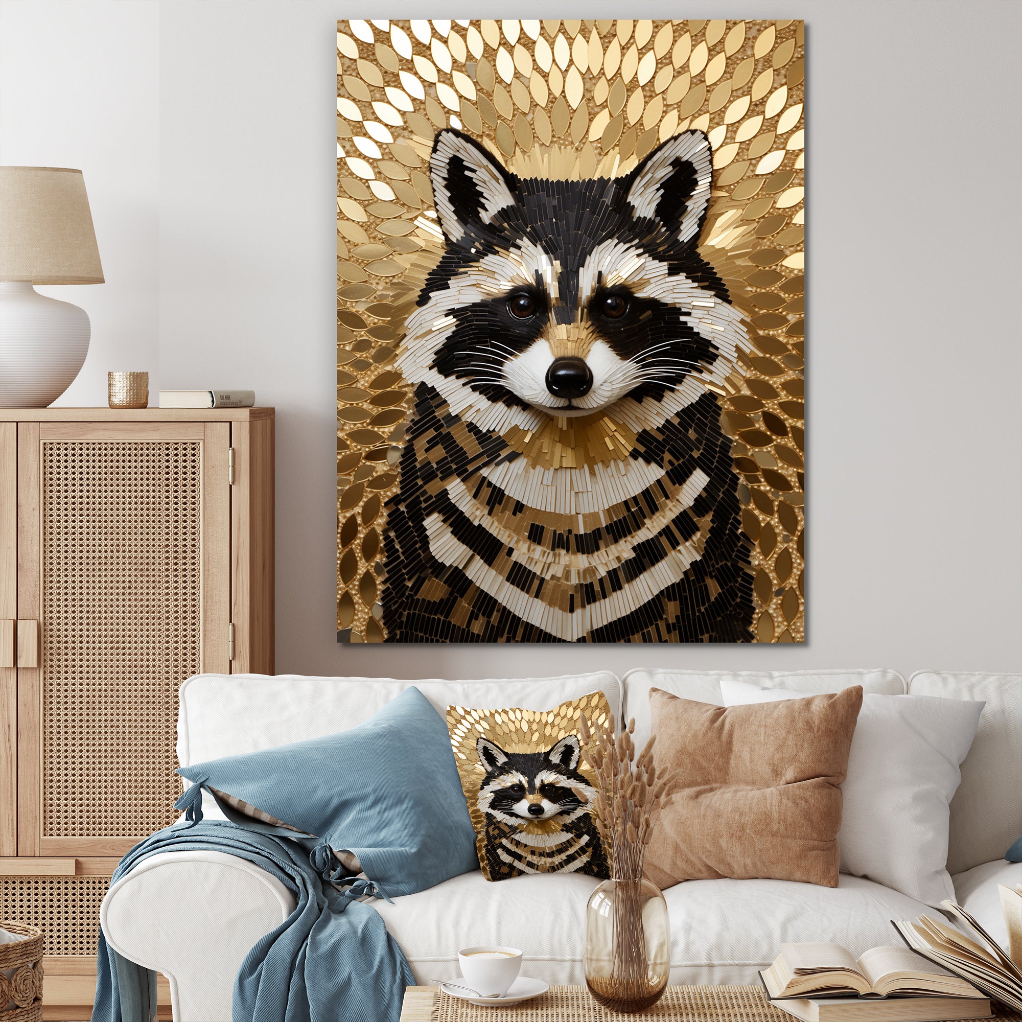 Gold and black curious racoon - Raccoon Canvas Wall Art