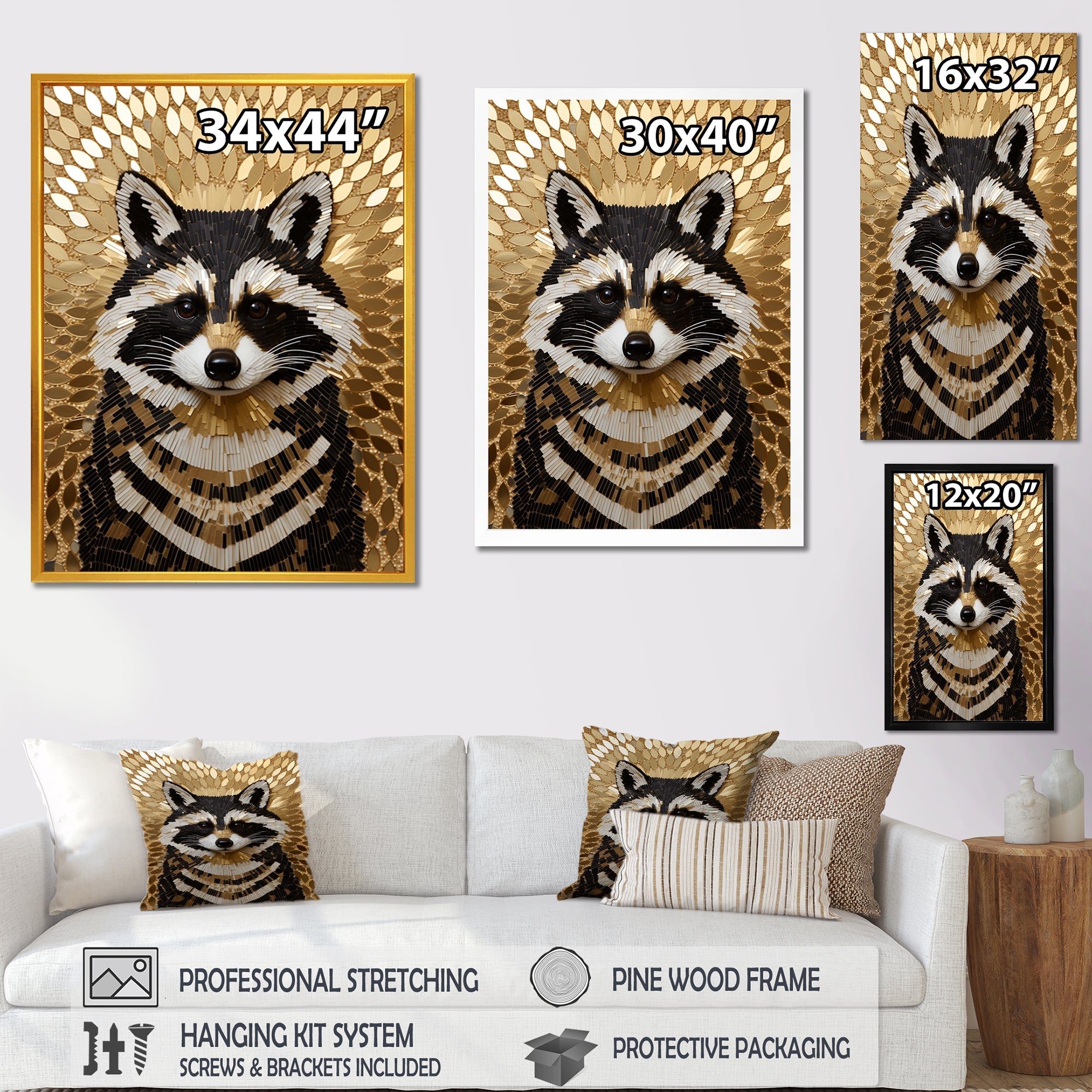 Gold and black curious racoon - Raccoon Canvas Wall Art