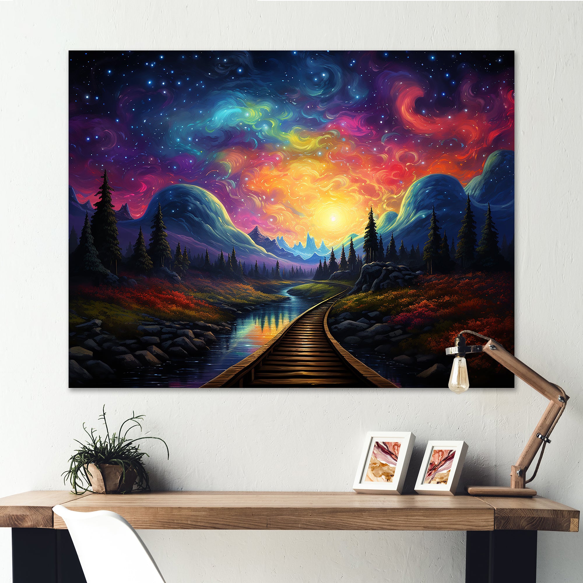 Starry Night Train tracks to the sky I - Train Canvas Wall Art