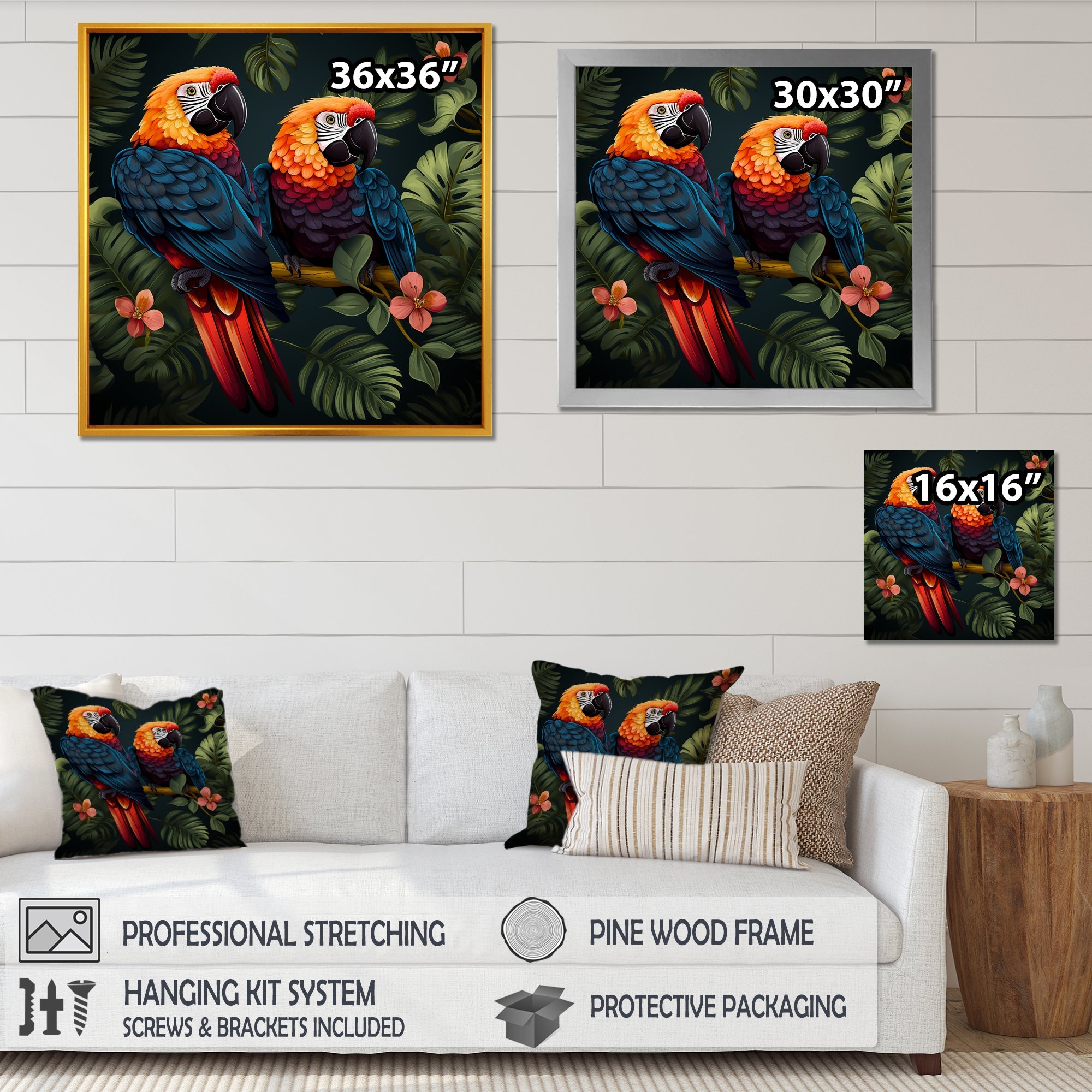 Orange and green Tropical parrots - Parrot Framed Canvas Art