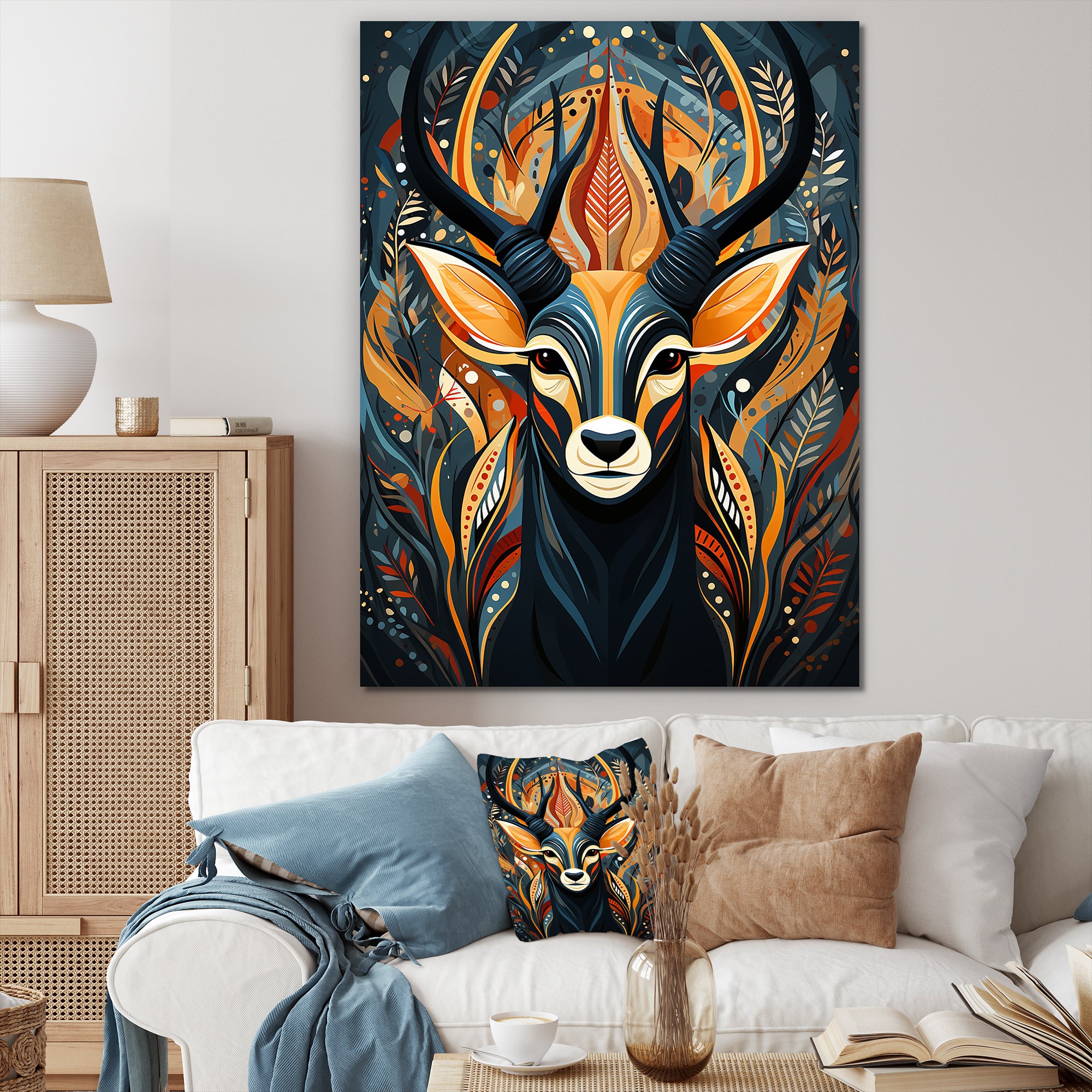 Orange and green African Deer spirit - Deer Framed Canvas Art