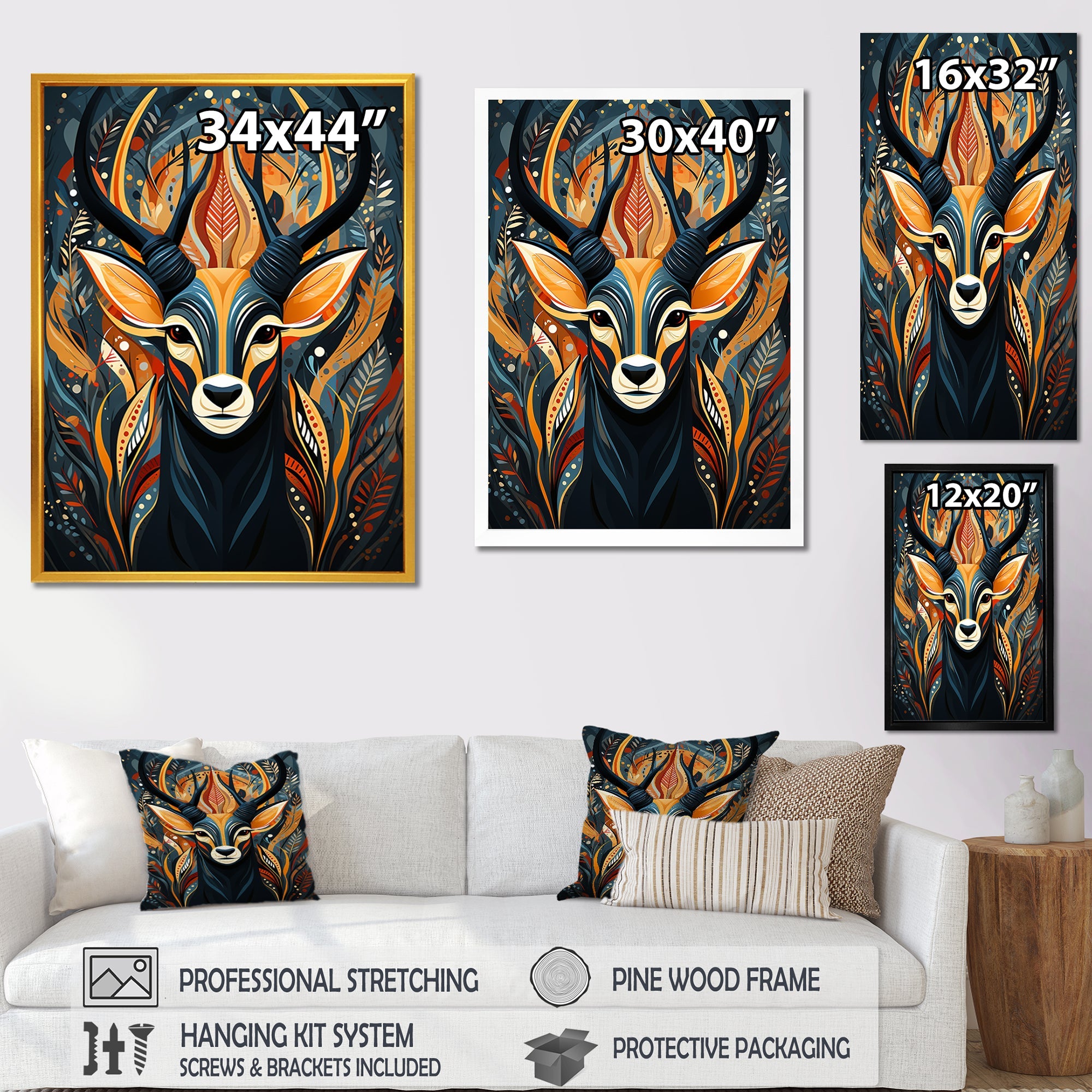 Orange and green African Deer spirit - Deer Framed Canvas Art