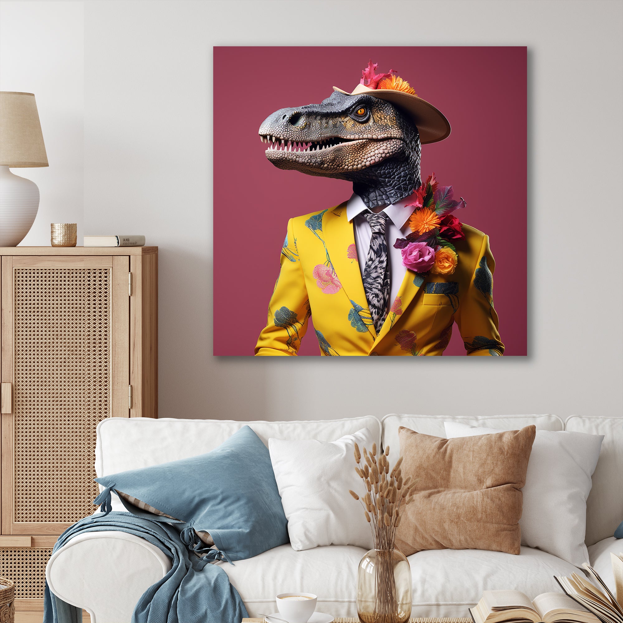 Pink and yellow Fashion dinosaur in suit - Pink Dinosaur Wall Art
