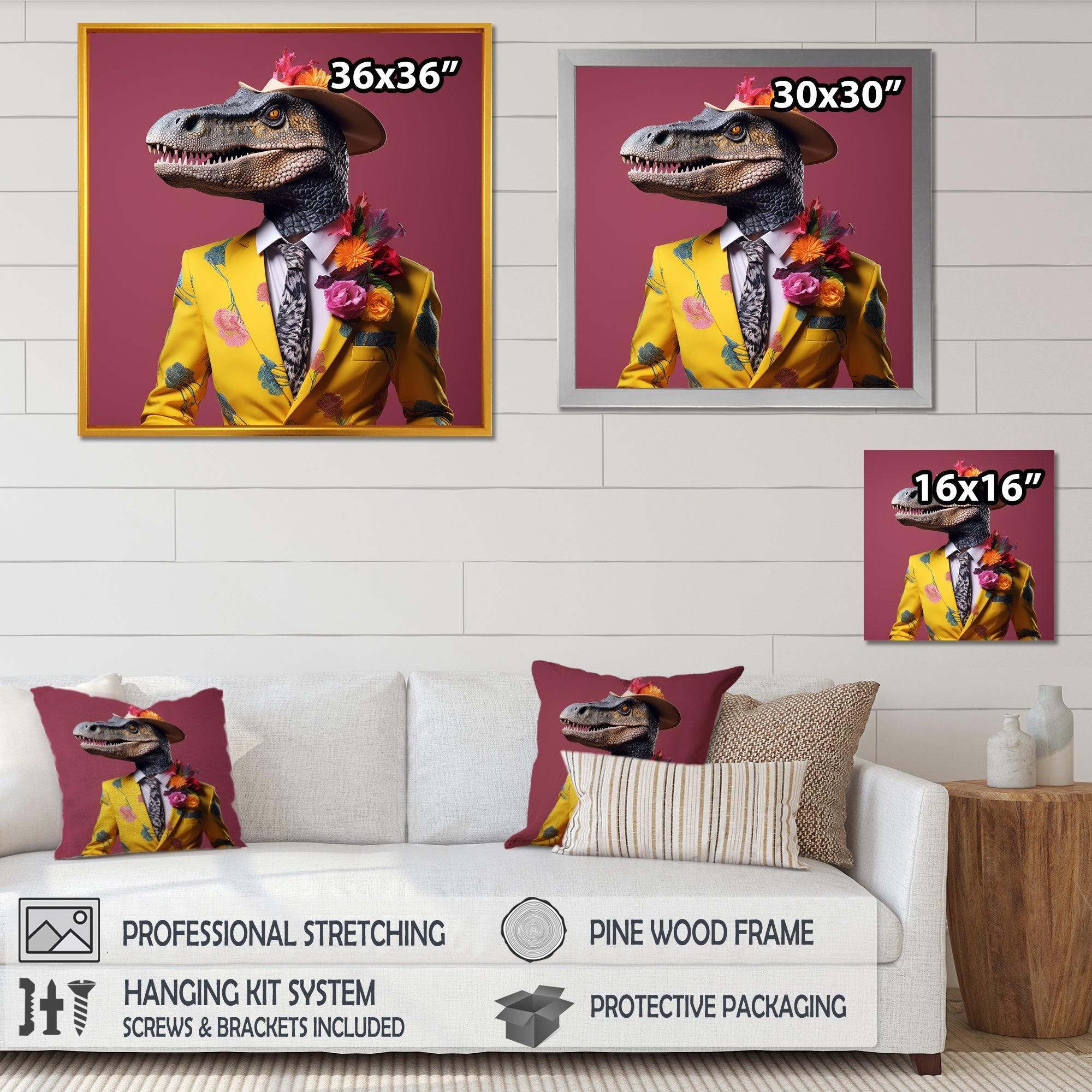 Pink and yellow Fashion dinosaur in suit - Pink Dinosaur Wall Art