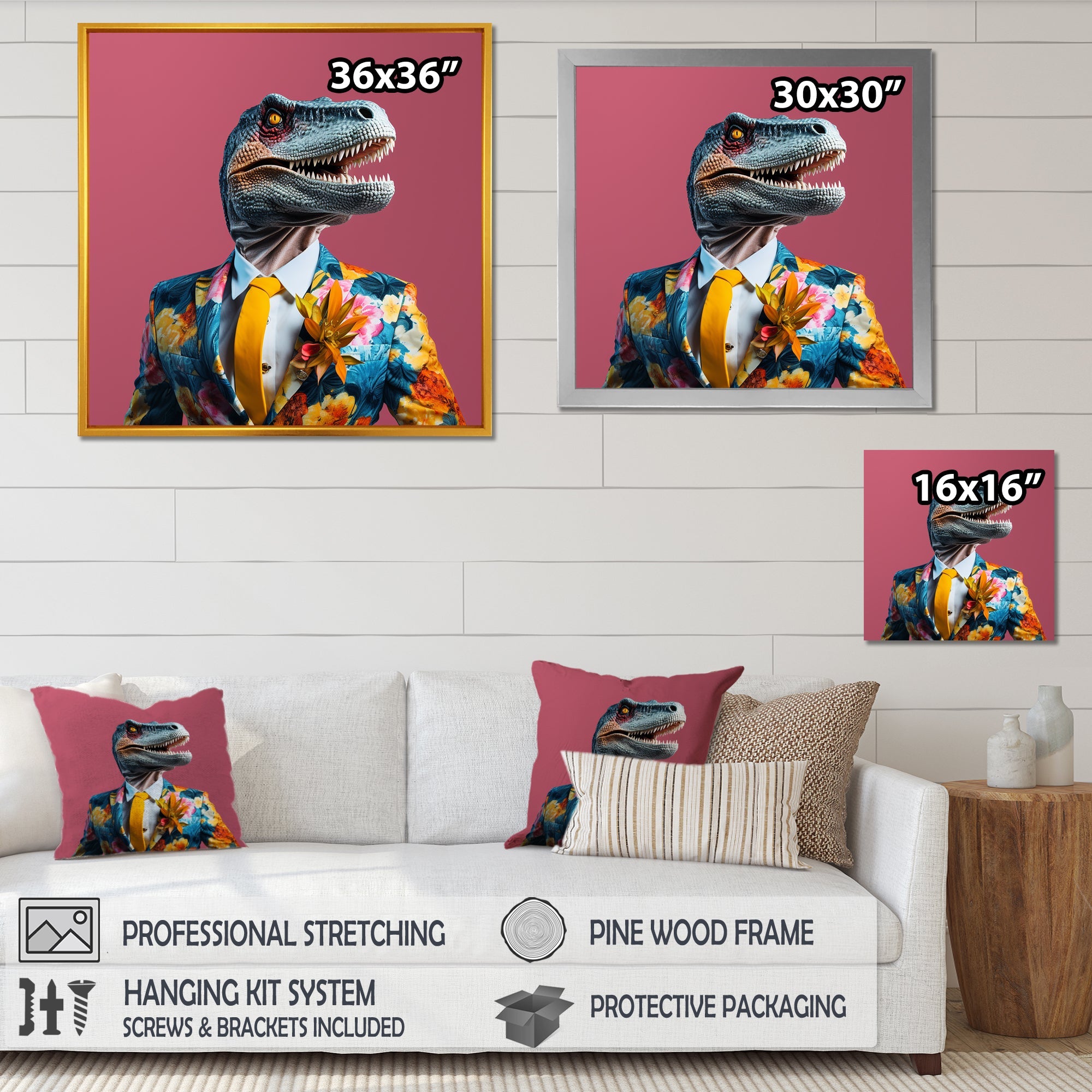 Yellow and pink Fashion first dressed Dinosaur - Dinosaur Large Canvas Wall Art