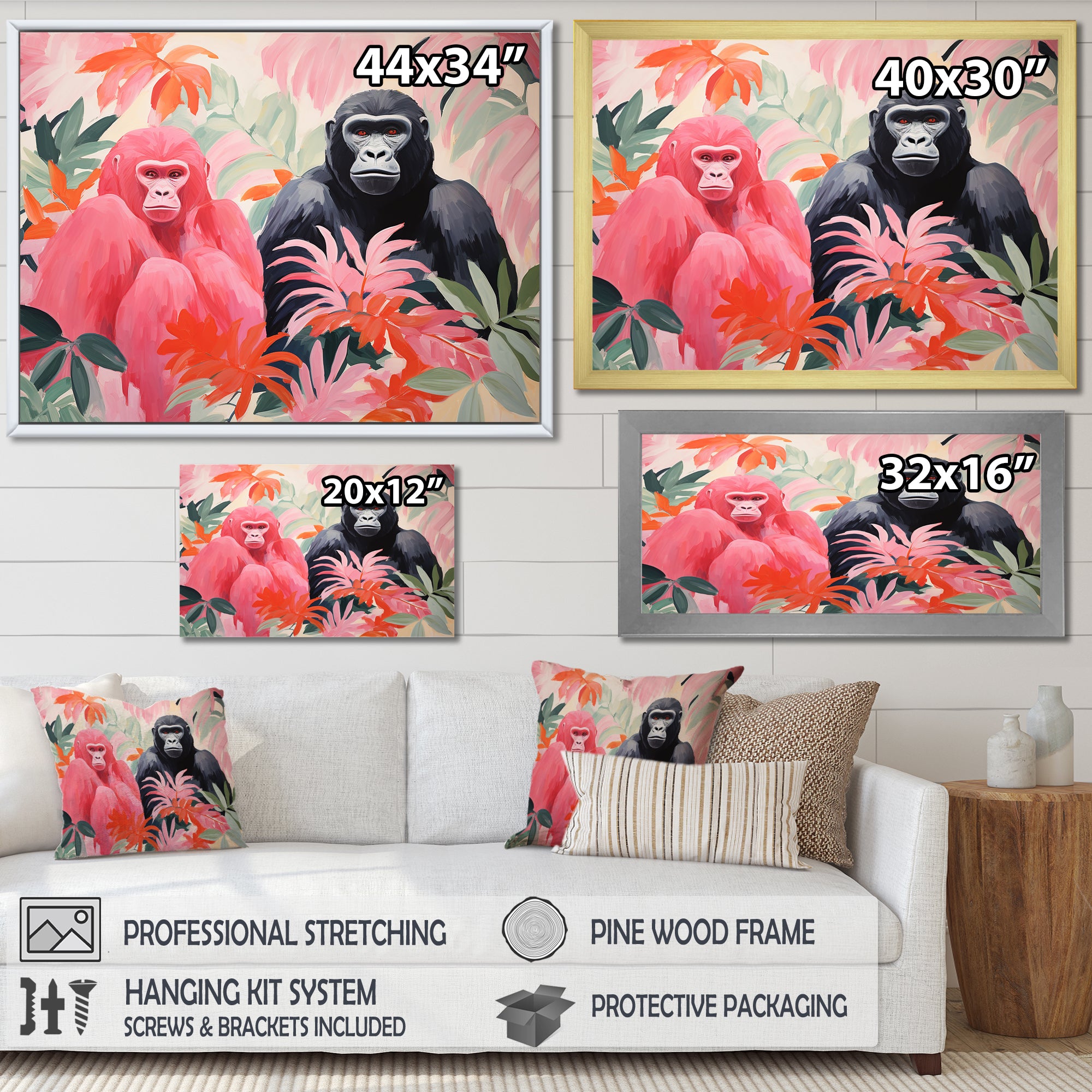 Pink and black Gorilla s Among Palms - Gorilla Wall Decor