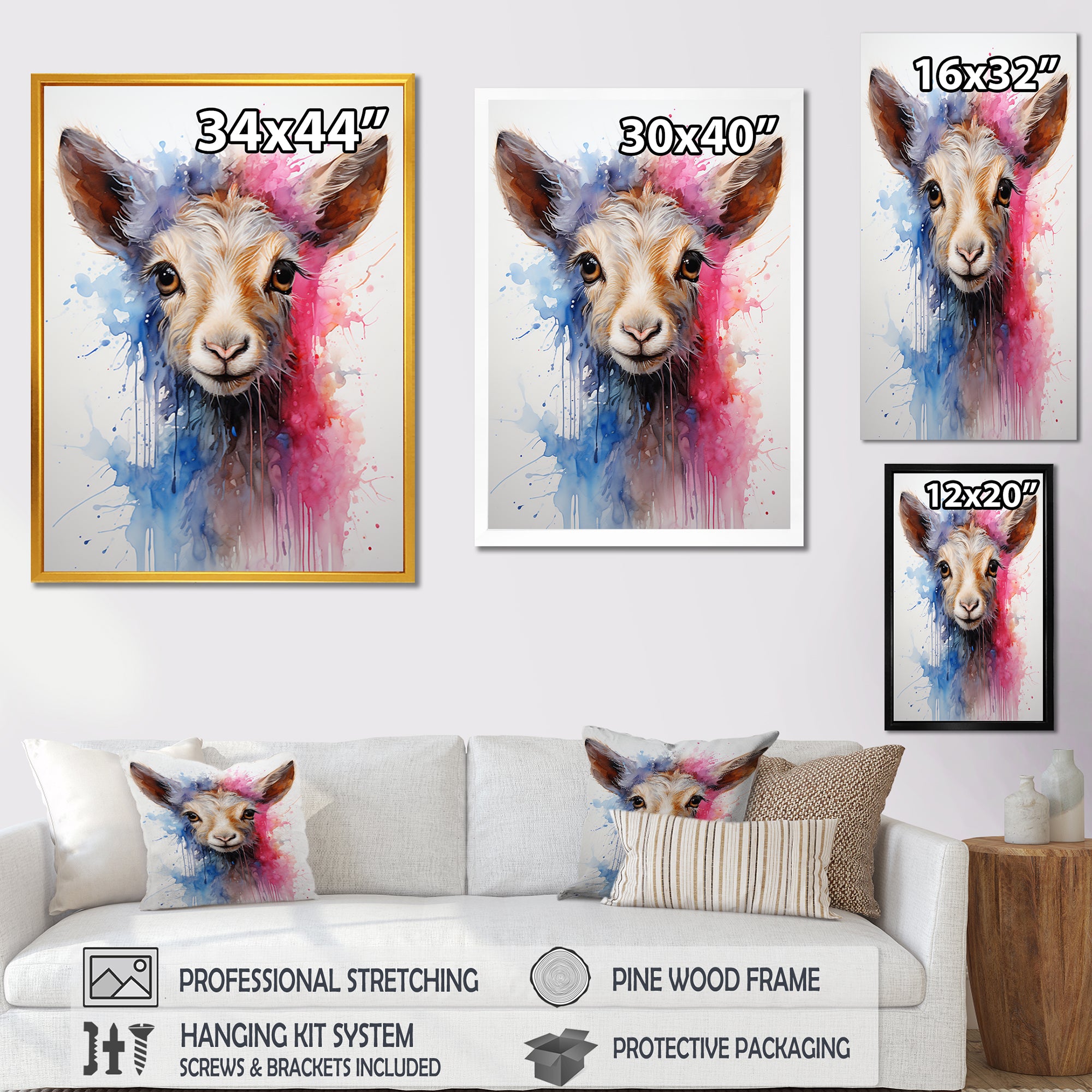 Pink and blue curious Llama portrait - Pink Llama Wall Art