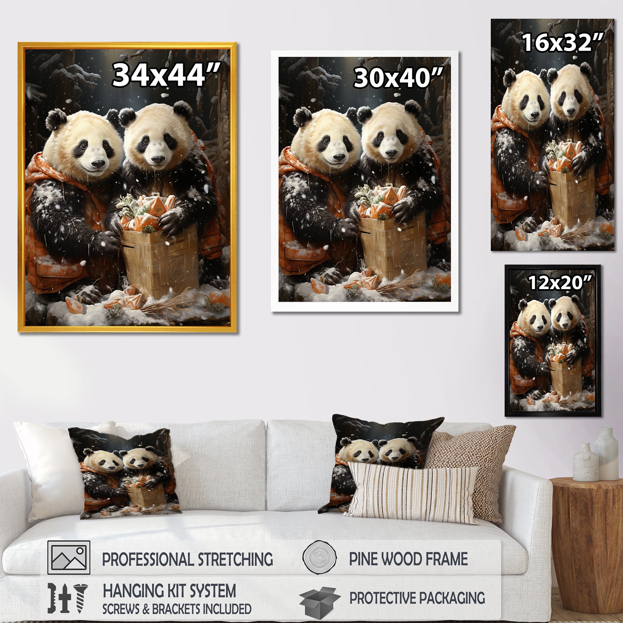 Snowy Bamboo Panda Party - Panda Bedroom Wall Art