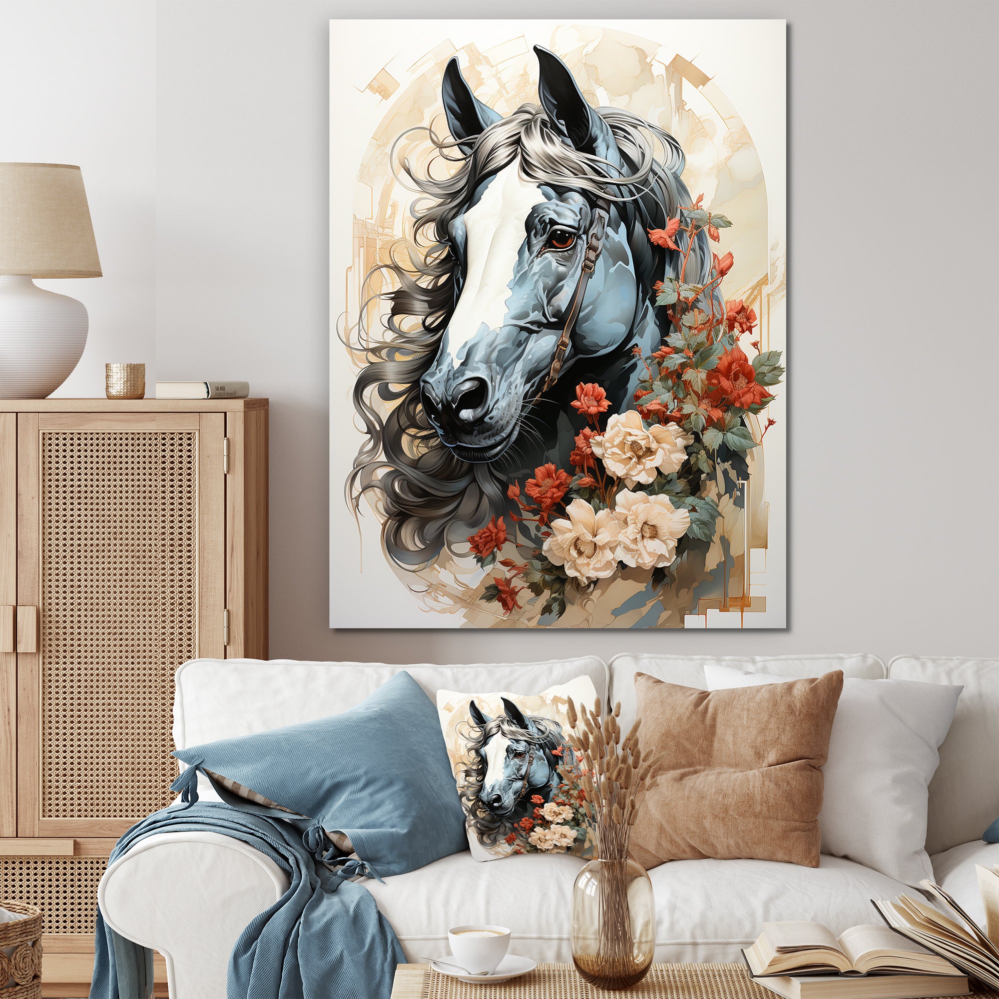 Grey floral Horse Beauty - Horse Canvas Wall Art