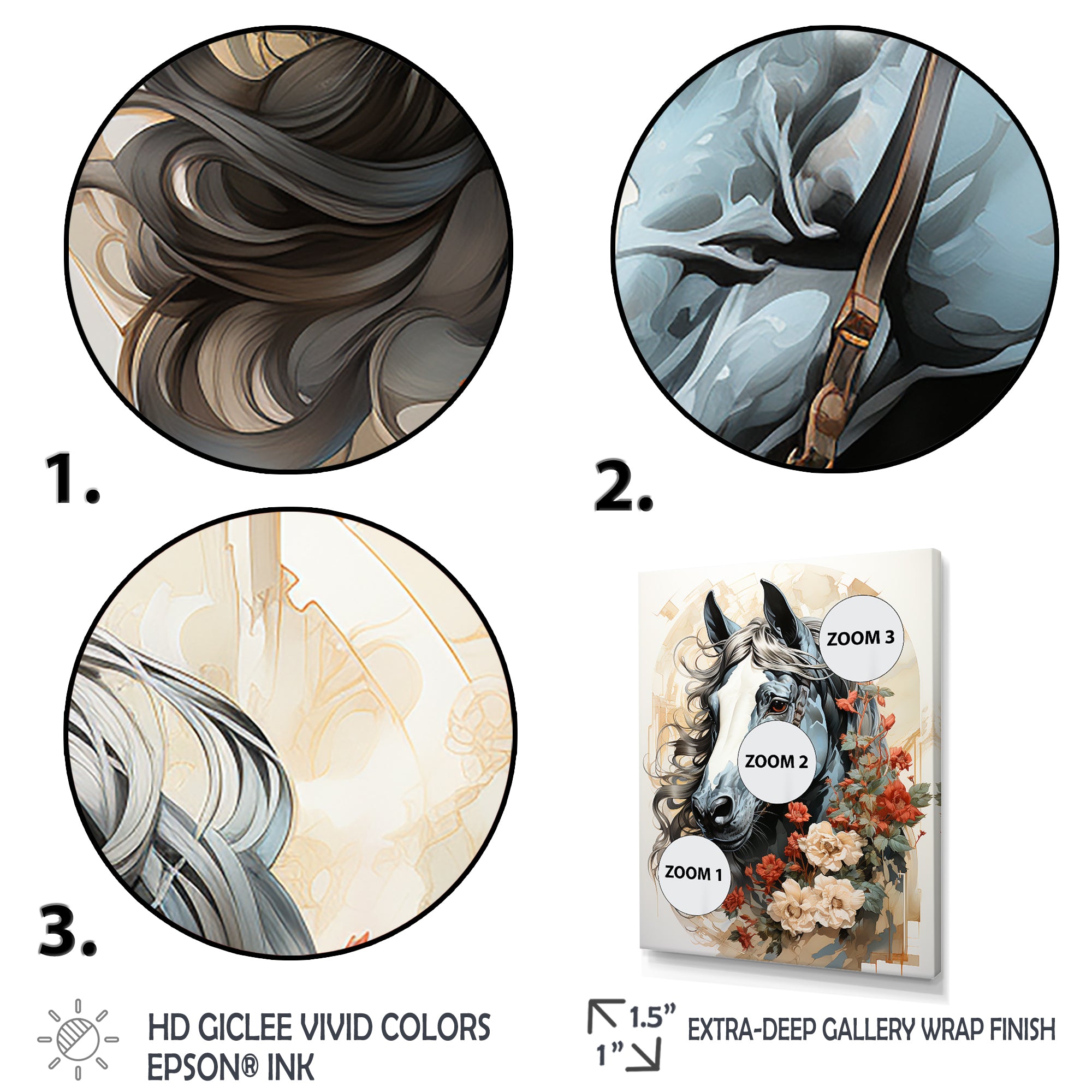 Grey floral Horse Beauty - Horse Canvas Wall Art