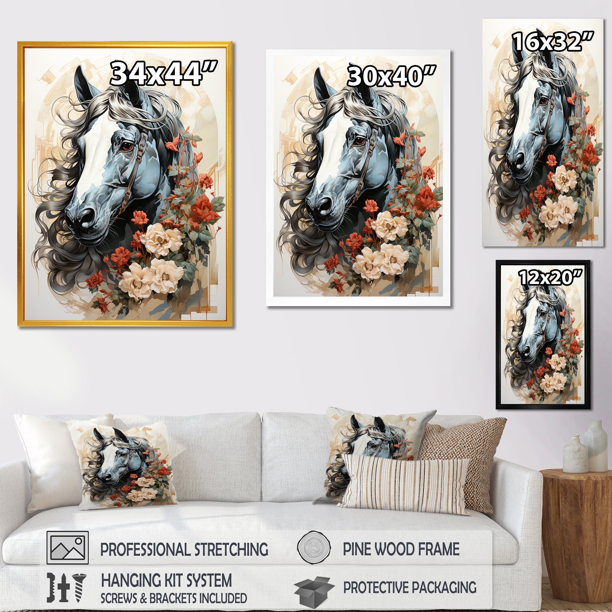 Grey floral Horse Beauty - Horse Canvas Wall Art