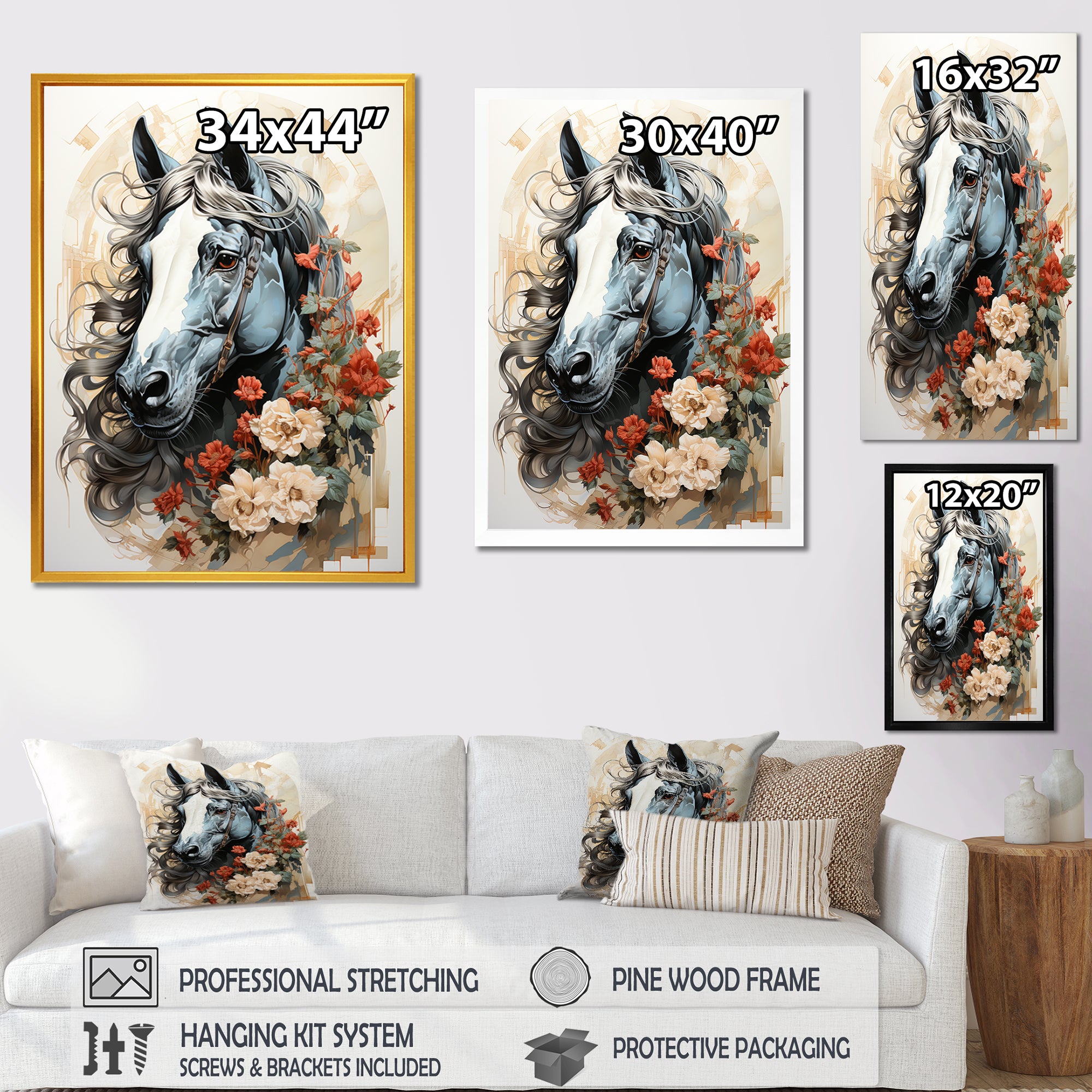 Grey floral Horse Beauty - Horse Canvas Wall Art