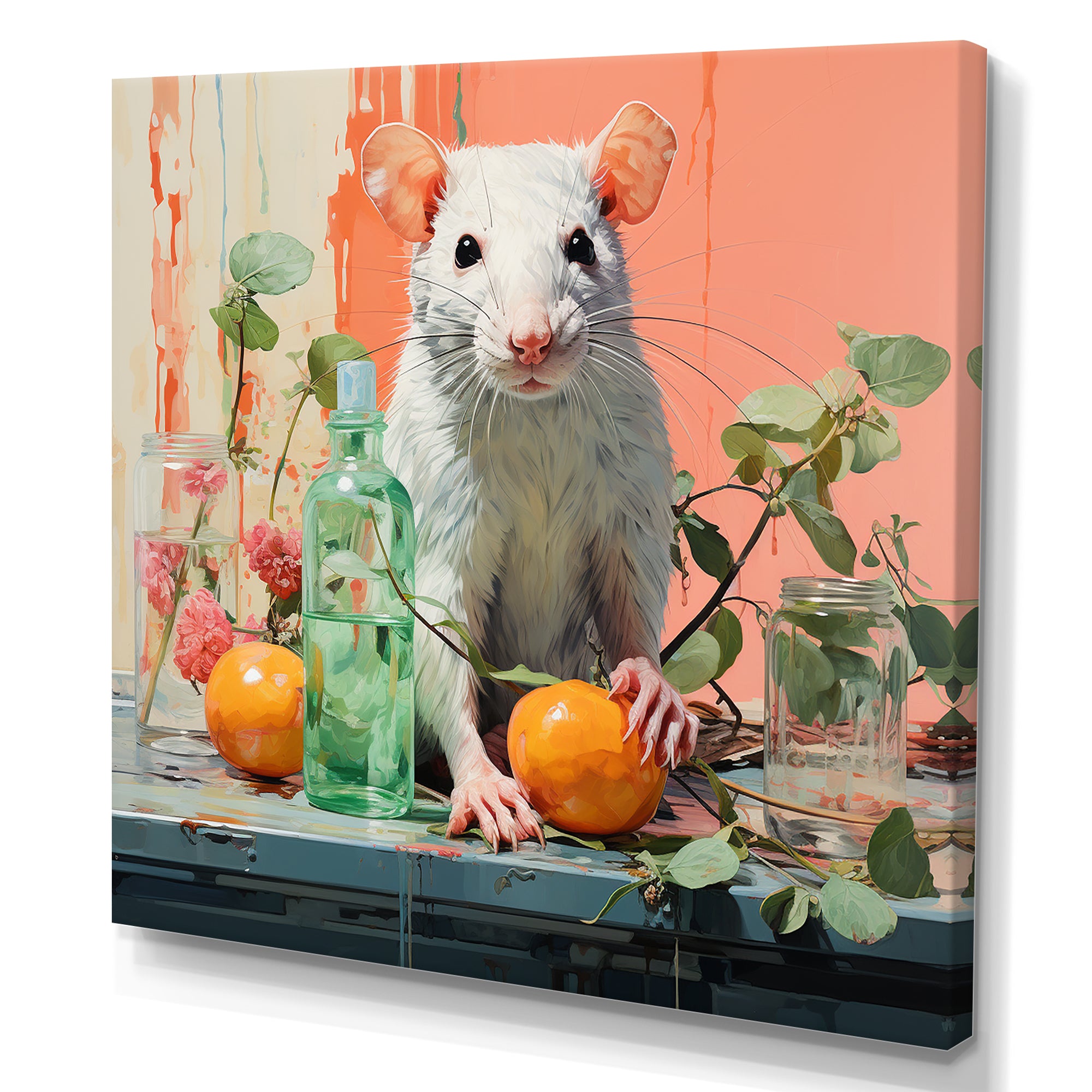 Pink curious rat fruits - Mouse Canvas Wall Art