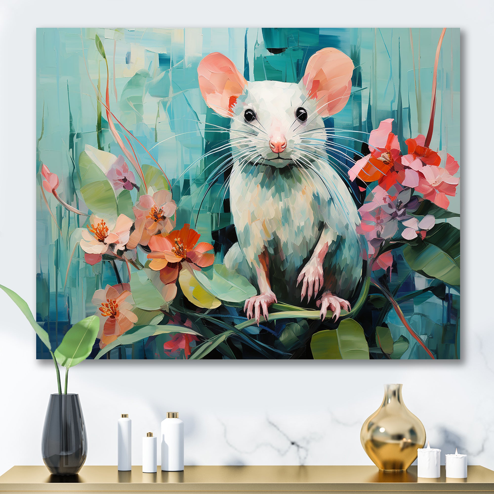 Green curious rat blooms - Mouse Wall Decor