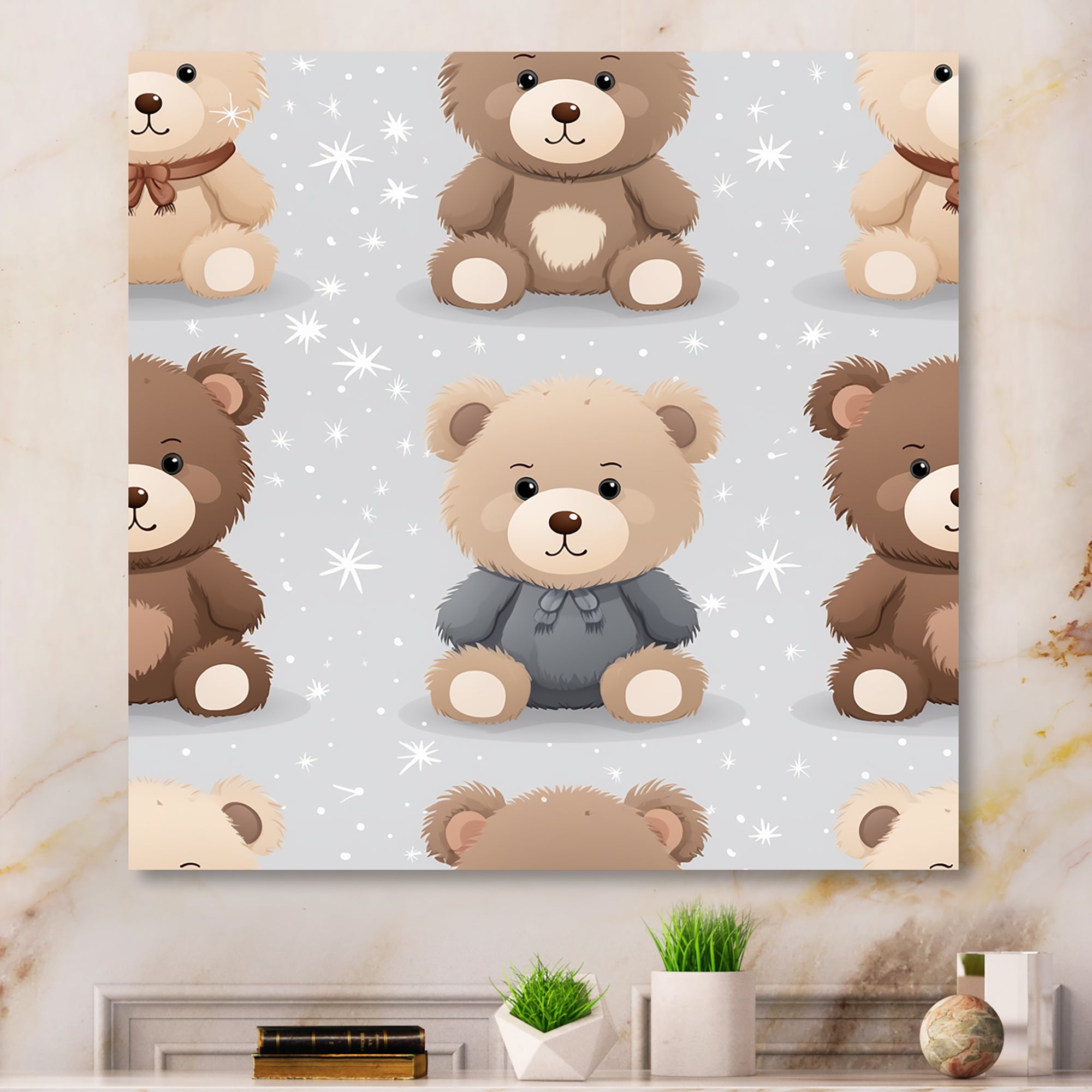 Brown and grey Teady bear nursery - Bear Large Canvas Wall Art