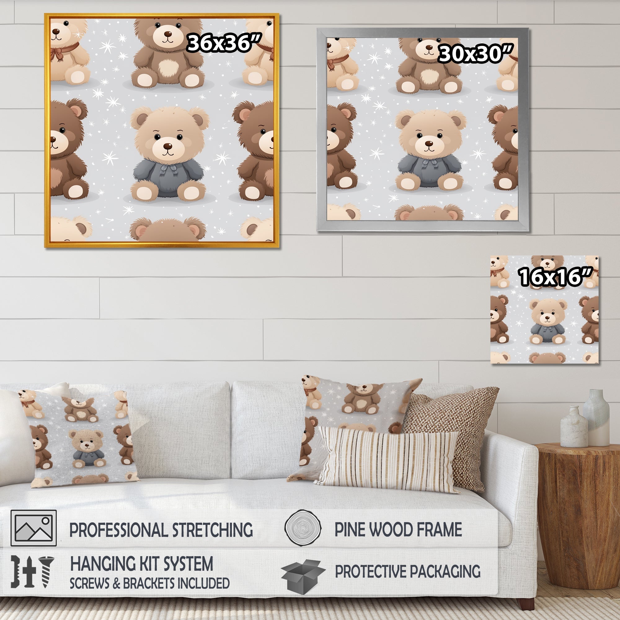 Brown and grey Teady bear nursery - Bear Large Canvas Wall Art