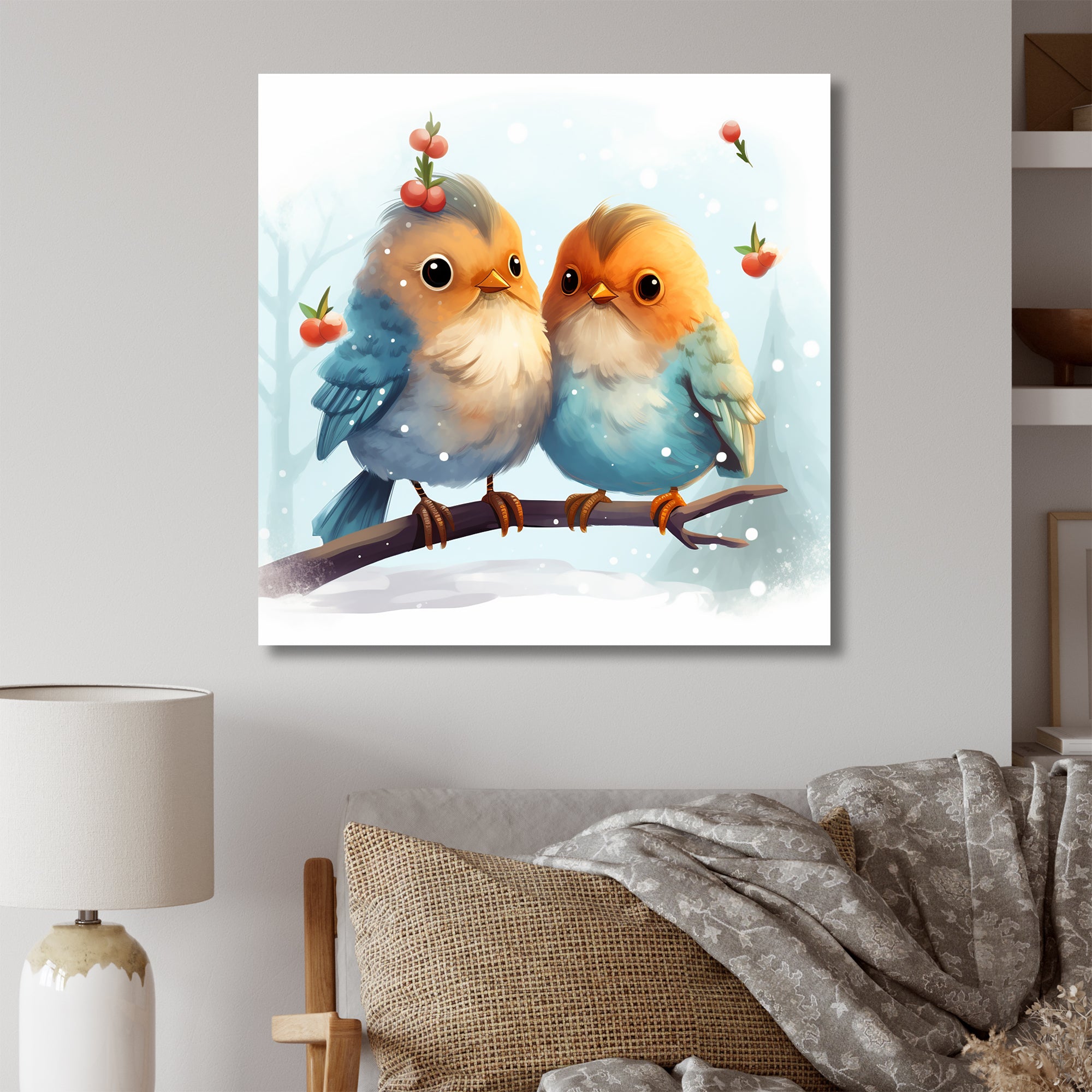 Blue and yellow Bird Buddies Winter Adventure - Bird Canvas Wall Art