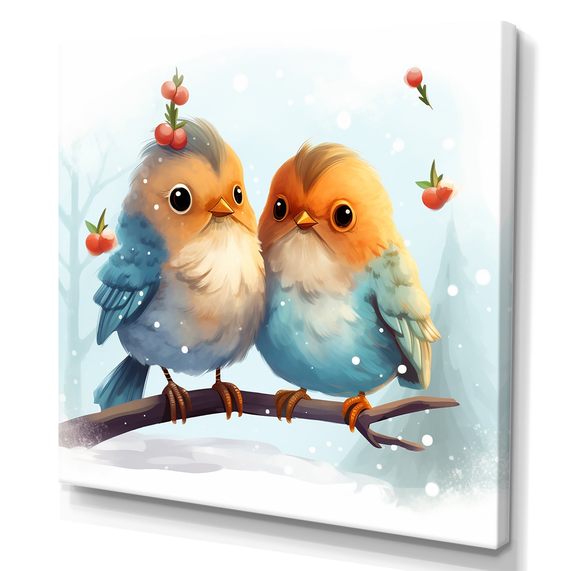 Blue and yellow Bird Buddies Winter Adventure - Bird Canvas Wall Art